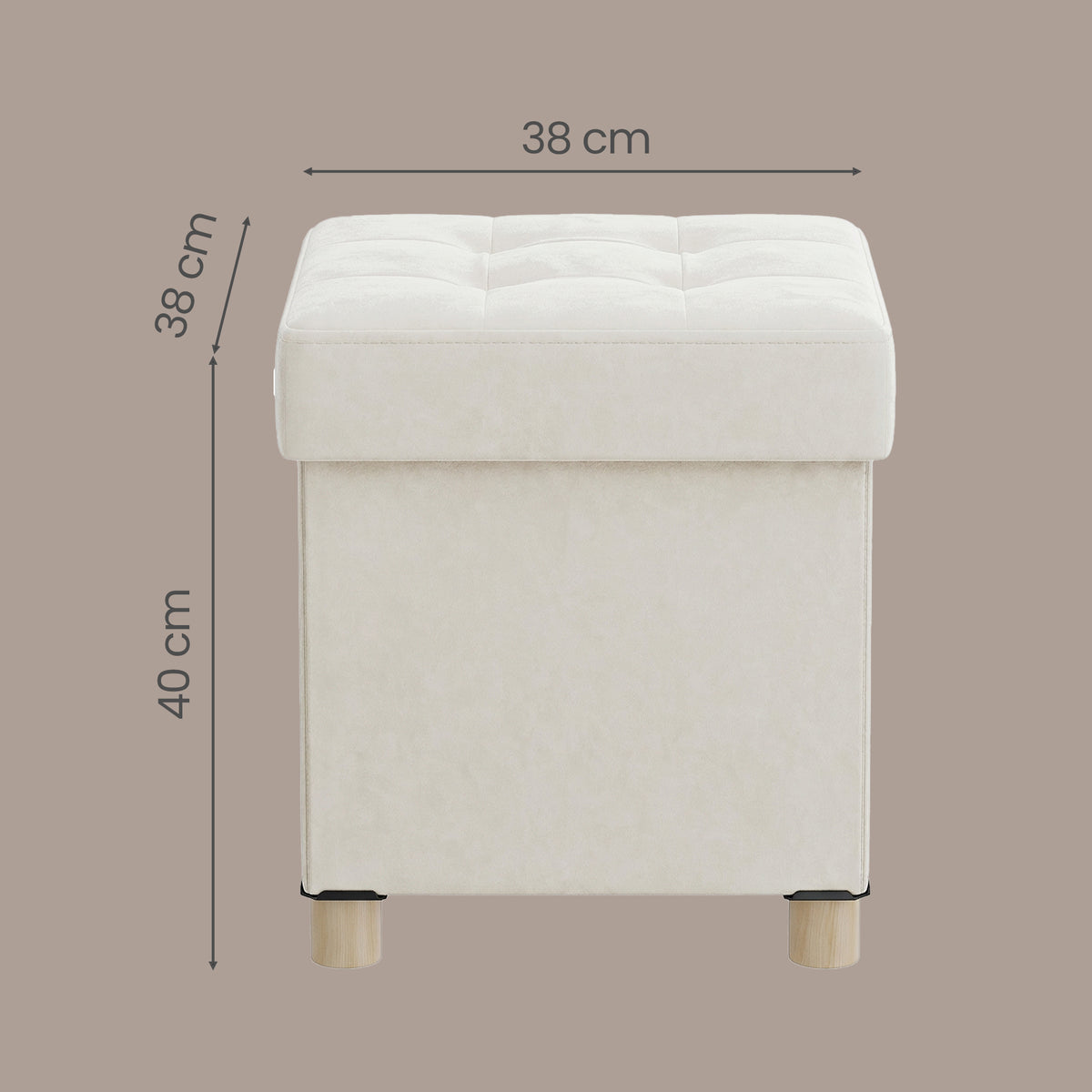 LEDREM Small Storage Ottoman, Collapsible Velvet Sitting Stool with Cushion, 15 x 15 x 15.8 inches, Beige and Black