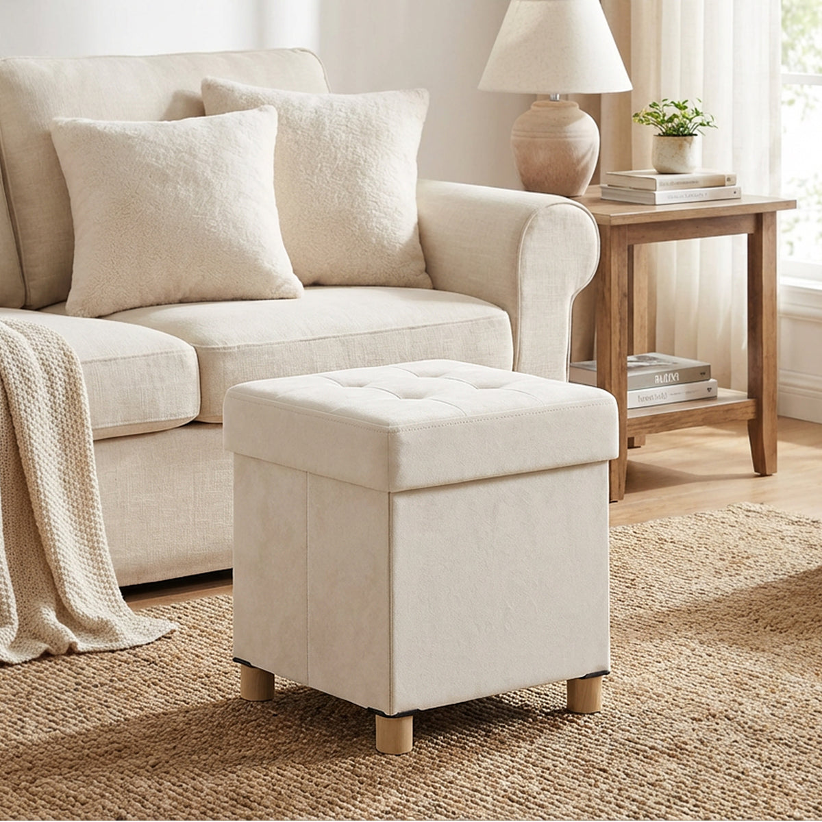LEDREM Small Storage Ottoman, Collapsible Velvet Sitting Stool with Cushion, 15 x 15 x 15.8 inches, Beige and Black