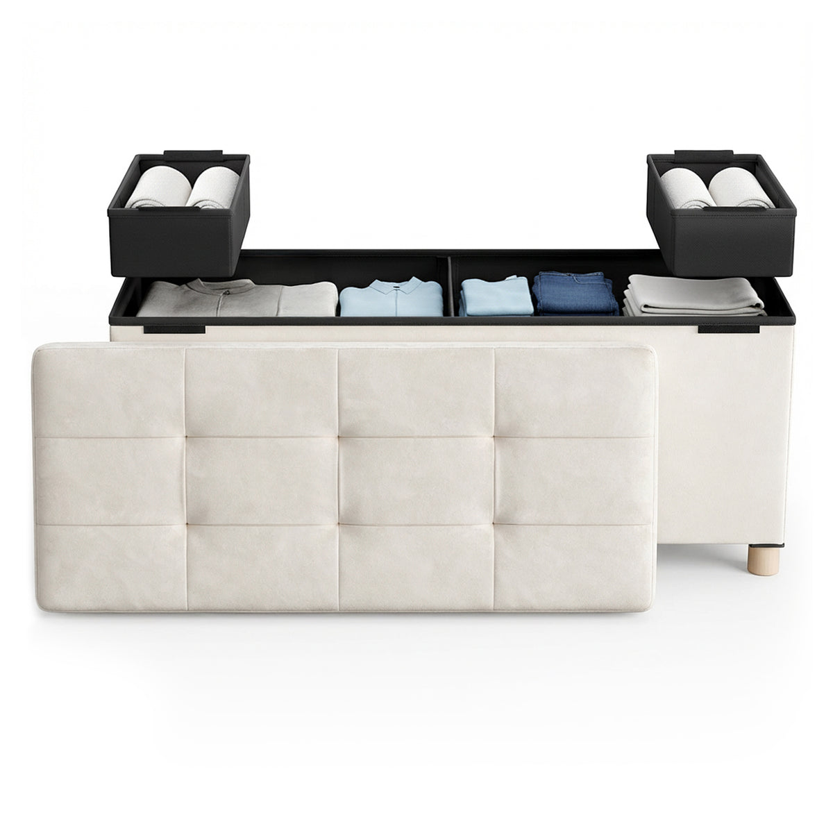 LEDREM 43.3-Inch Storage Ottoman Bench, 35-Gallon Folding Chest with Velvet, Supports up to 661.4 lb, for Entryway, Living Room or Bedroom, Beige and Black
