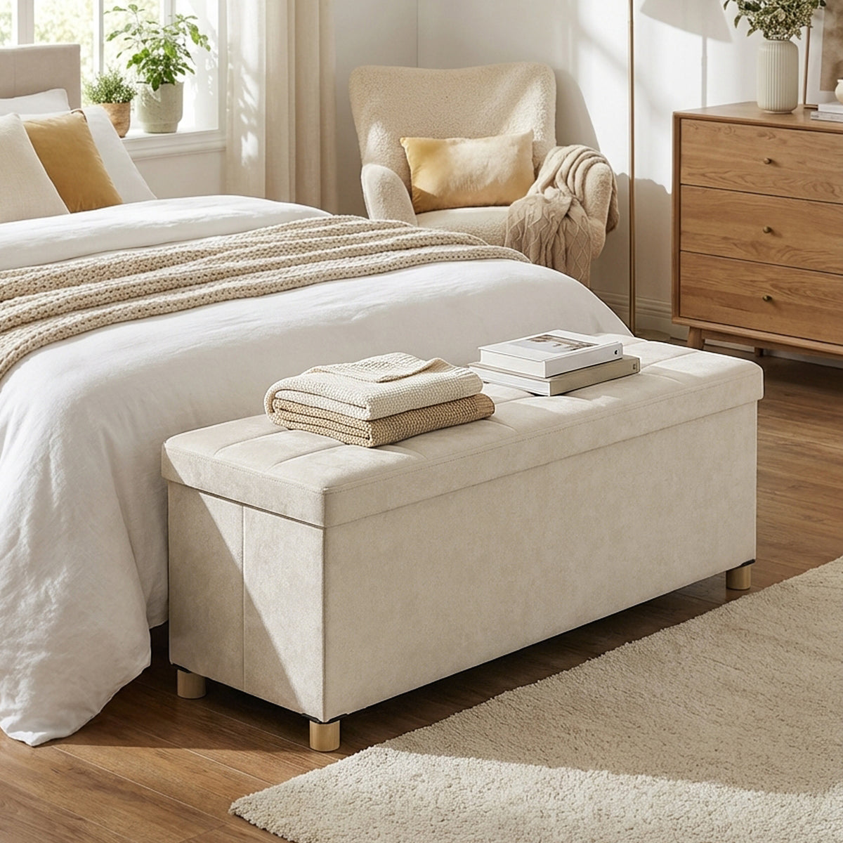 LEDREM 43.3-Inch Storage Ottoman Bench, 35-Gallon Folding Chest with Velvet, Supports up to 661.4 lb, for Entryway, Living Room or Bedroom, Beige and Black