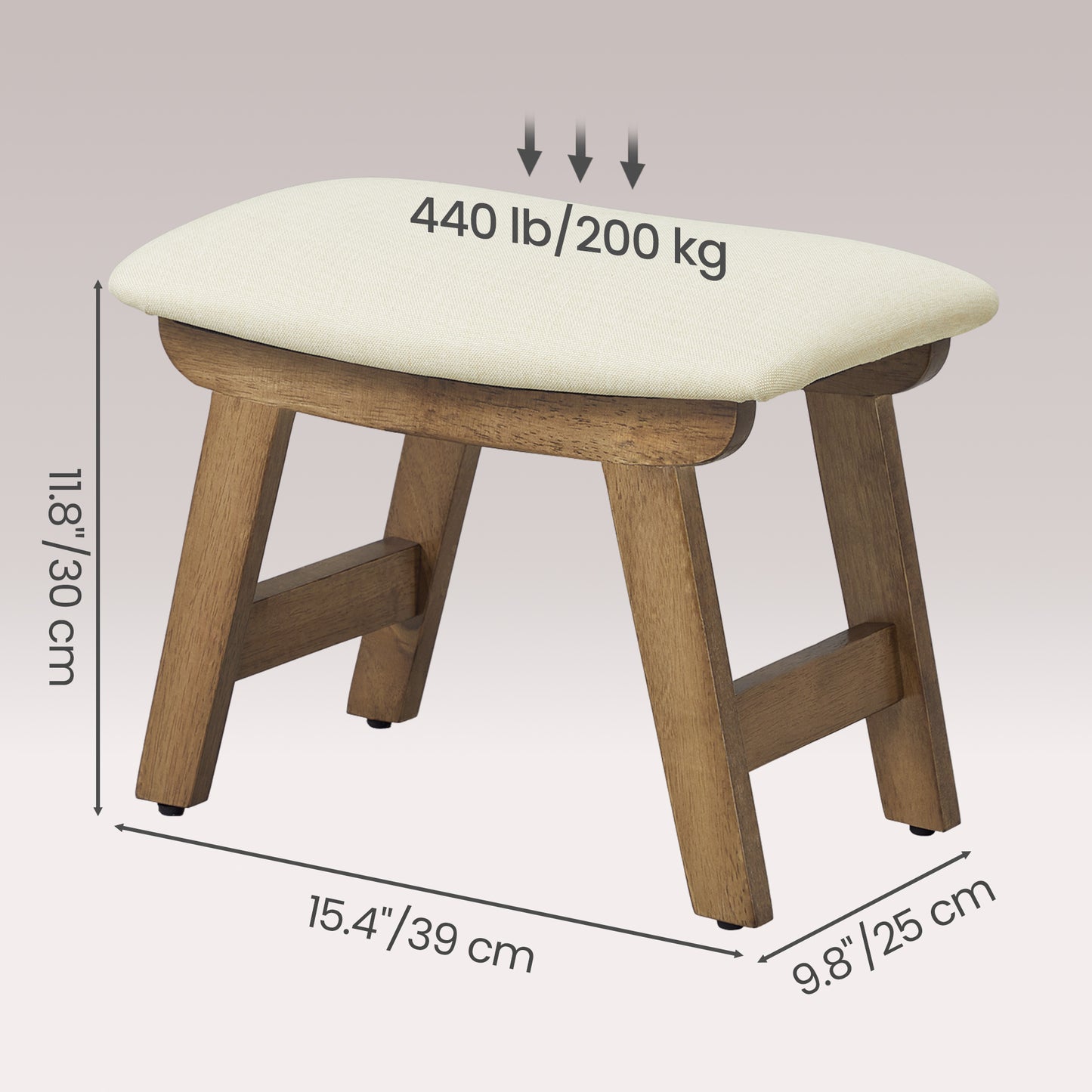 Padded Foot Stool Ottoman with Solid Wood Frame, Curved Cushion Footrest for Under Desk, Living Room, 15.4 x 11.8 x 9.9 Inches, Summer Sand and Brown