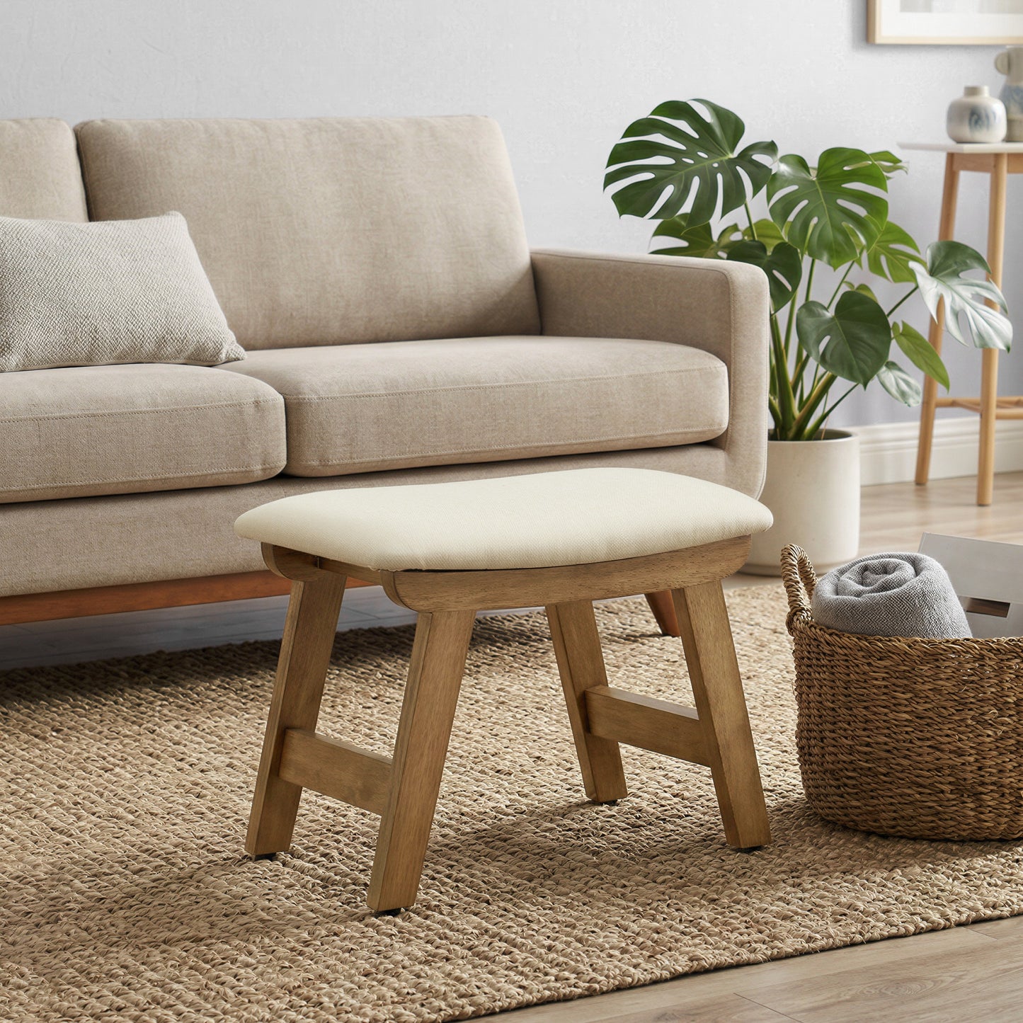 Padded Foot Stool Ottoman with Solid Wood Frame, Curved Cushion Footrest for Under Desk, Living Room, 15.4 x 11.8 x 9.9 Inches, Summer Sand and Brown