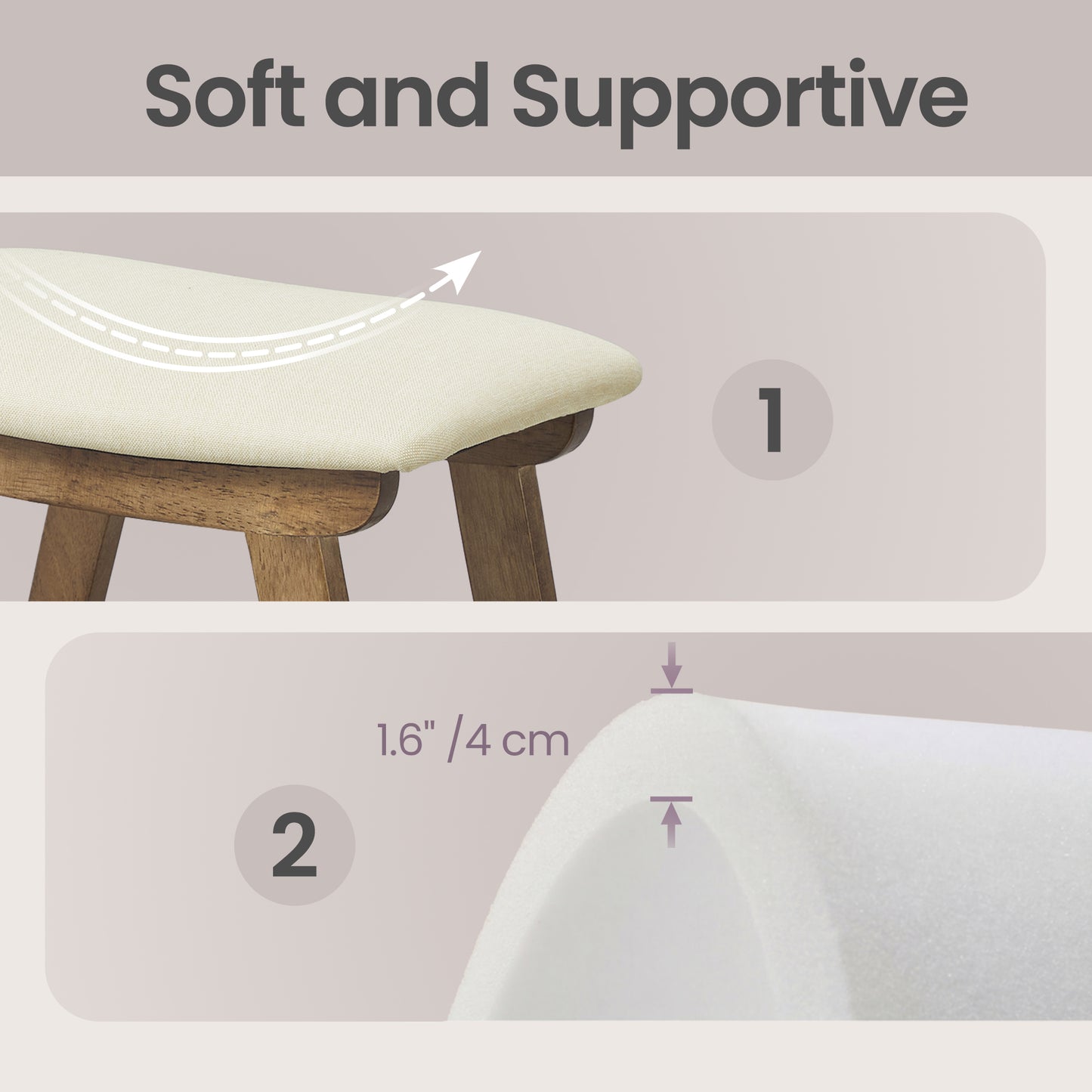 Padded Foot Stool Ottoman with Solid Wood Frame, Curved Cushion Footrest for Under Desk, Living Room, 15.4 x 11.8 x 9.9 Inches, Summer Sand and Brown