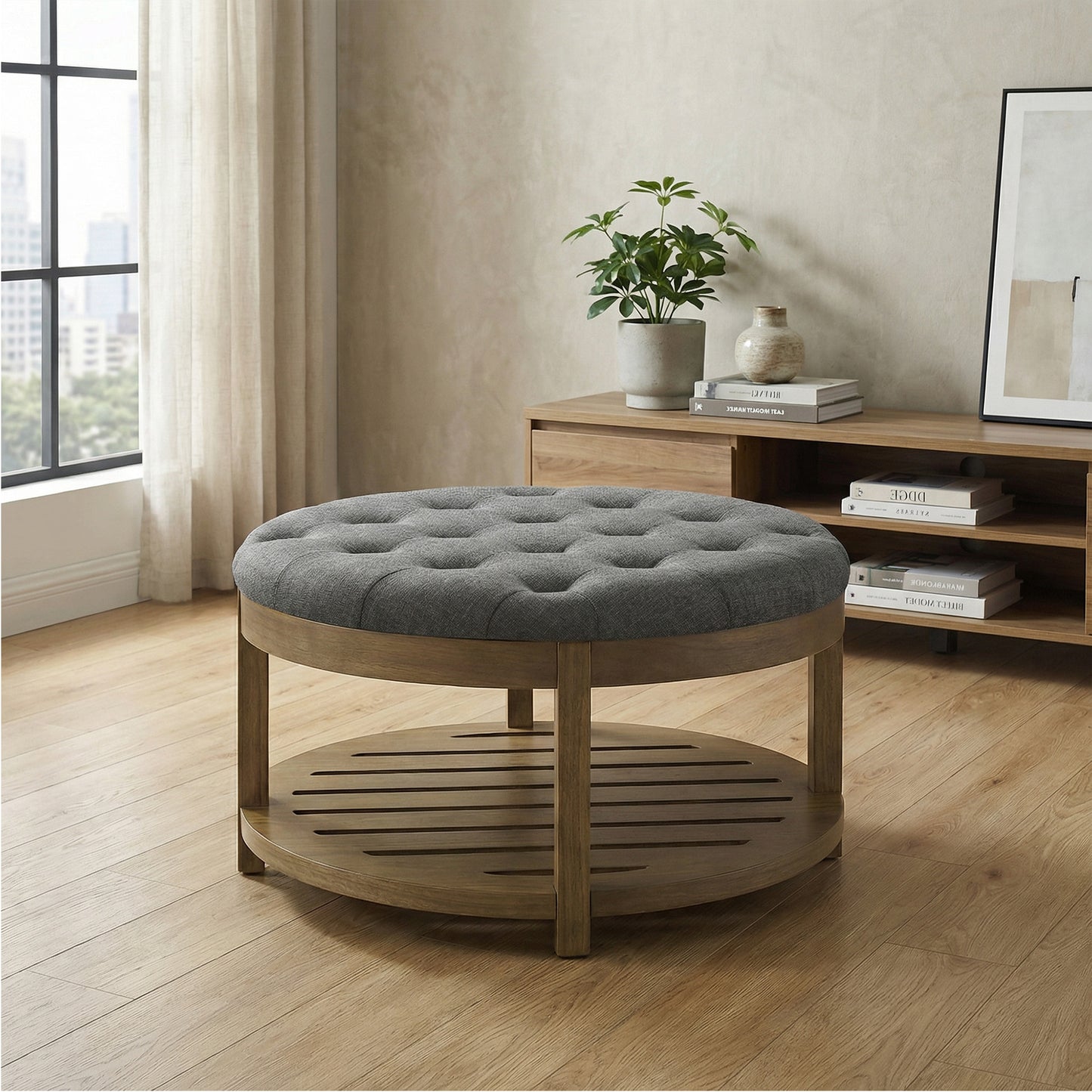 Round Storage Ottoman Coffee Table with Solid Wood Frame, Tufted Upholstered Footrest with Bottom Shelf, for Living Room, 31.5 x 17.7 Inches, Slate Gray