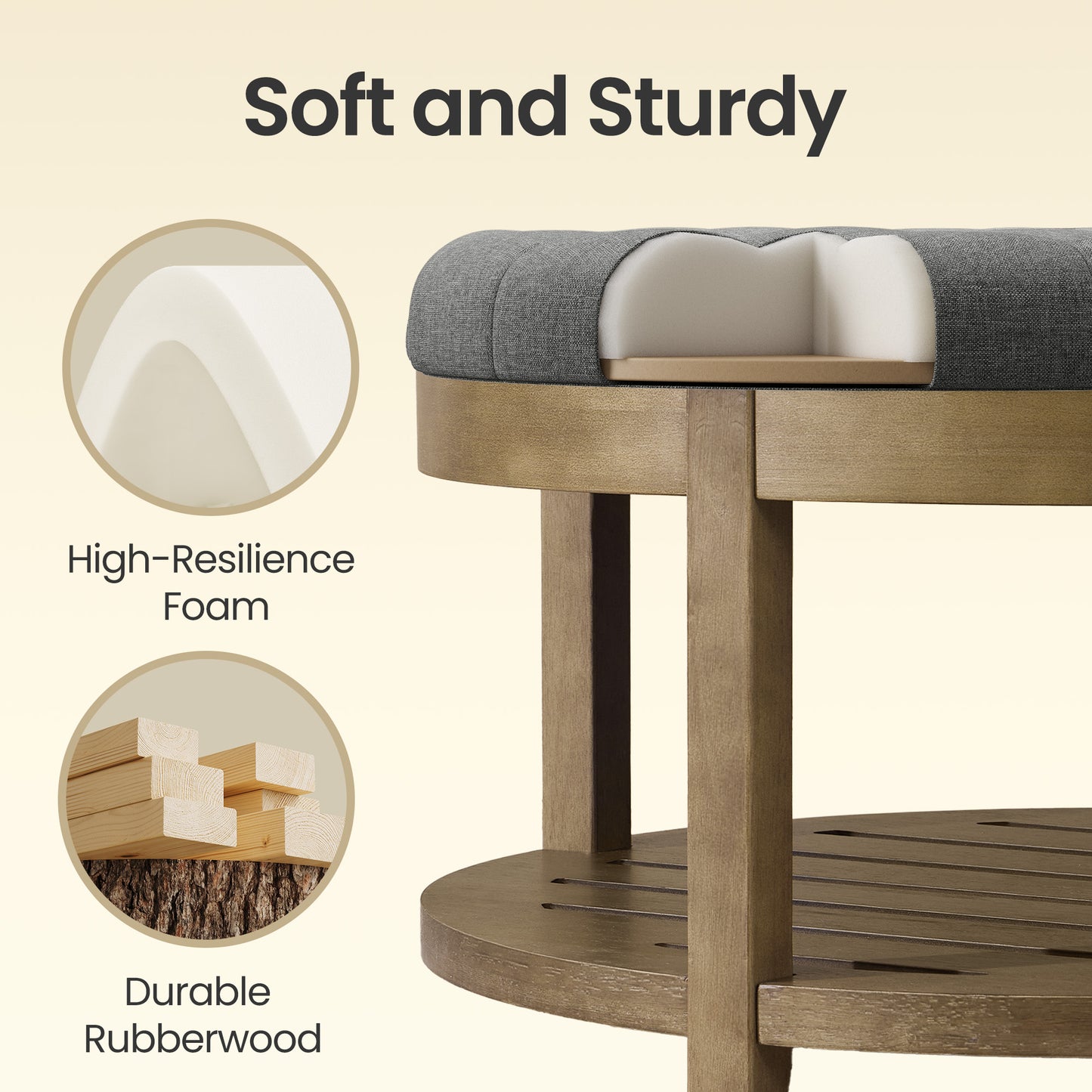 Round Storage Ottoman Coffee Table with Solid Wood Frame, Tufted Upholstered Footrest with Bottom Shelf, for Living Room, 31.5 x 17.7 Inches, Slate Gray