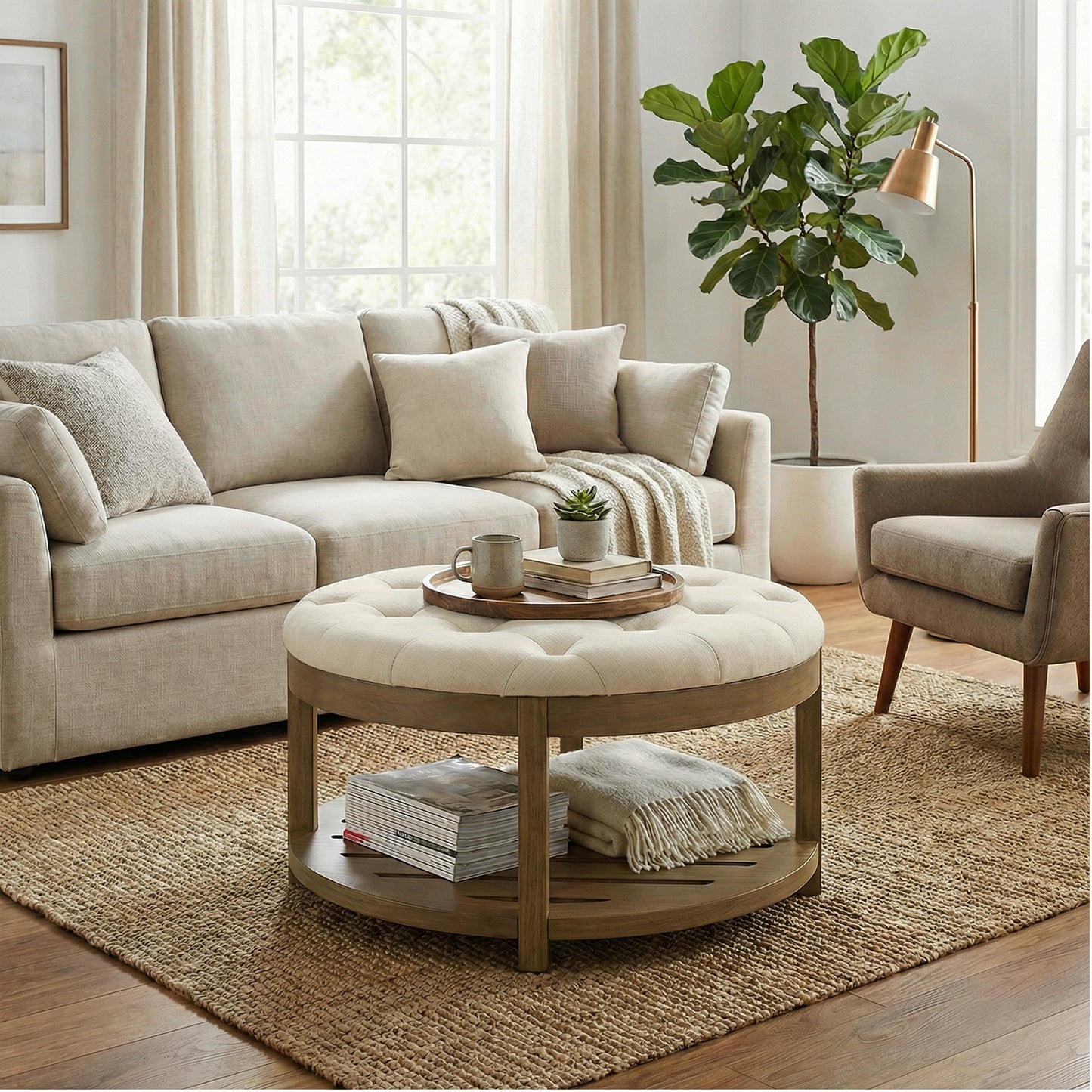 Round Storage Ottoman Coffee Table with Solid Wood Frame, Tufted Upholstered Footrest with Bottom Shelf, for Living Room, 31.5 x 17.7 Inches, Summer Sand