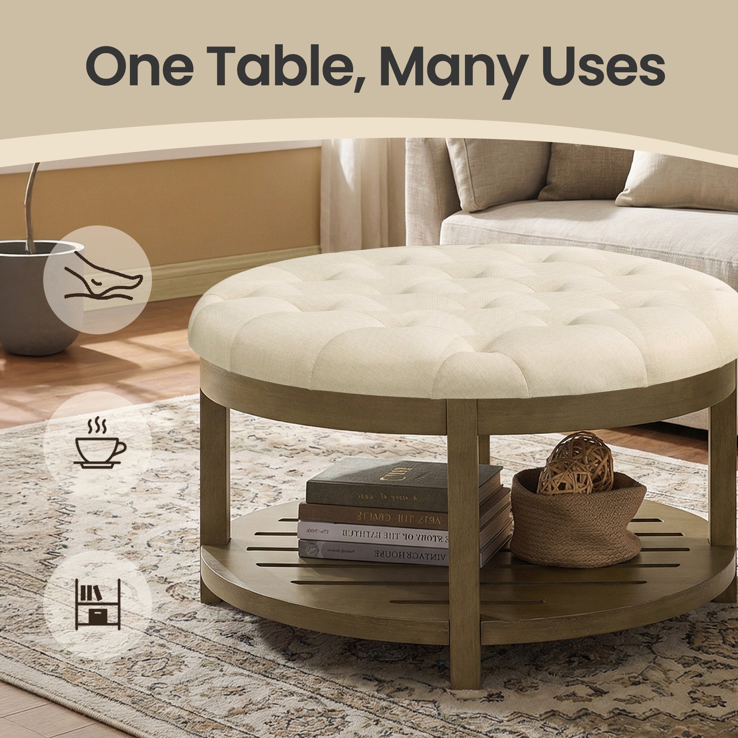 Round Storage Ottoman Coffee Table with Solid Wood Frame, Tufted Upholstered Footrest with Bottom Shelf, for Living Room, 31.5 x 17.7 Inches, Summer Sand