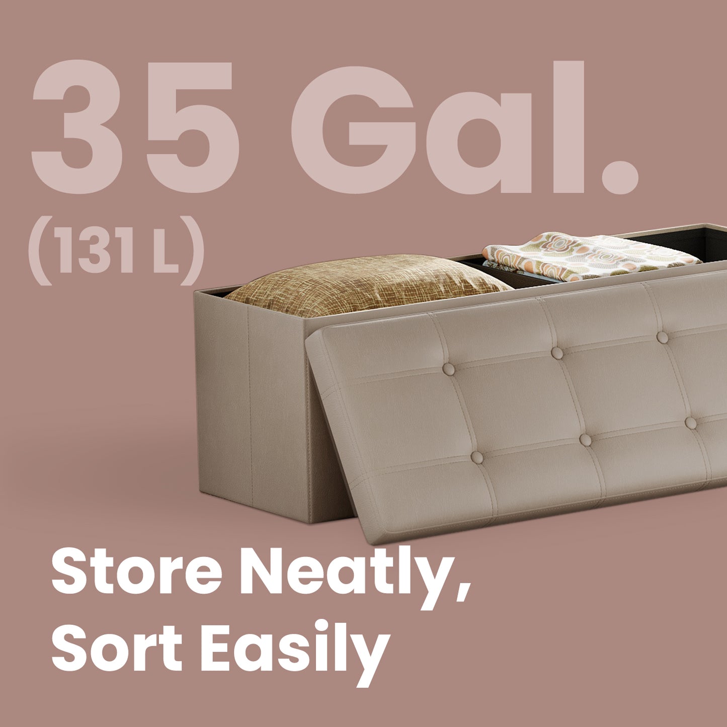 43" Foldable Storage Ottoman Bench, 660 lb Capacity, Sturdy MDF Frame, Multi-Purpose Footrest & Seat, 35 Gal Storage Space, Camel Brown