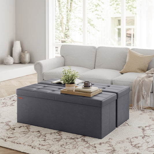 MAZIE Collection - 43" Foldable Storage Ottoman Bench, 660lb Capacity, Iron Frame, Multi-Use Footrest & Seat, 35 Gal Storage, Dark Gray