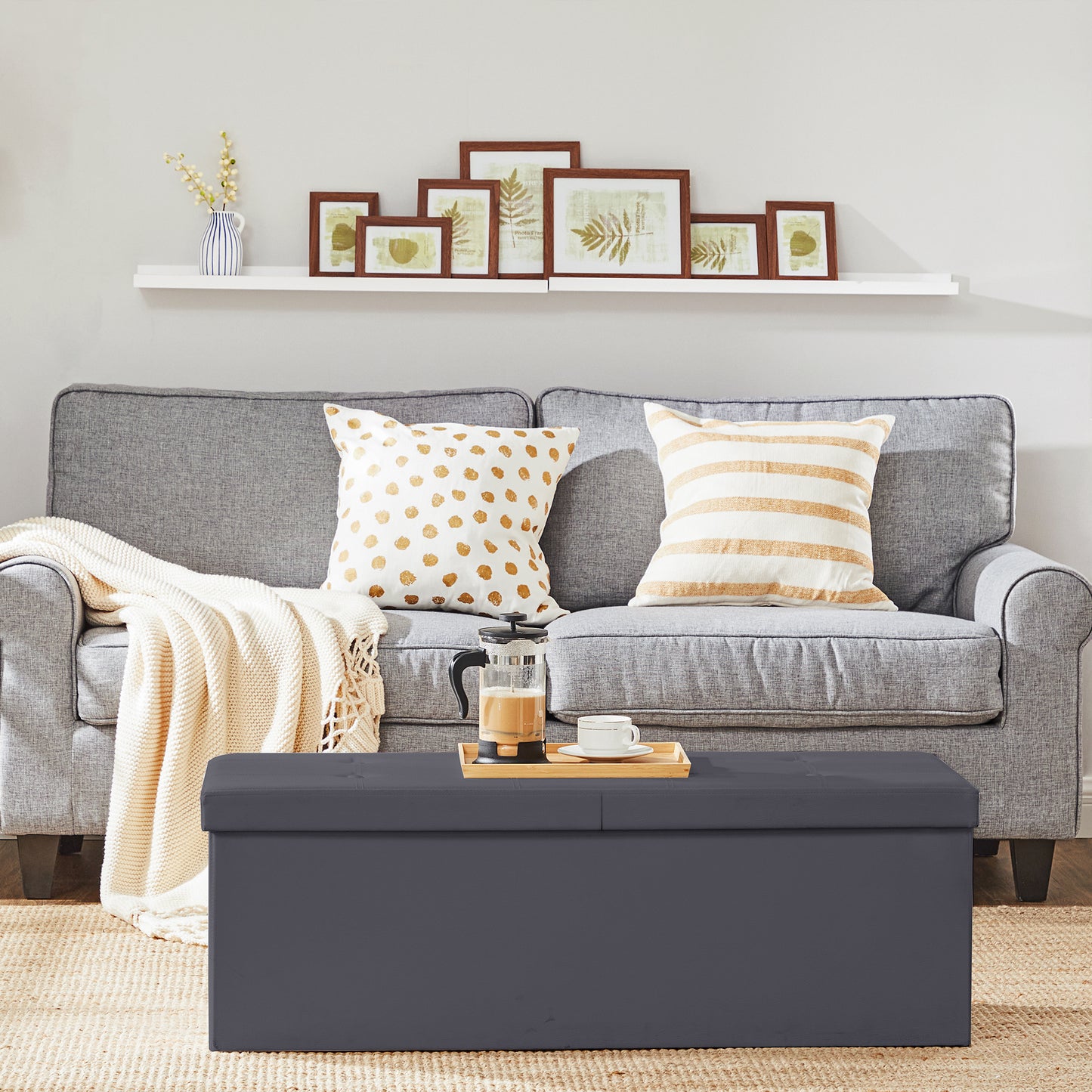 MAZIE Collection - 43" Foldable Storage Ottoman Bench, 660lb Capacity, Iron Frame, Multi-Use Footrest & Seat, 35 Gal Storage, Dark Gray
