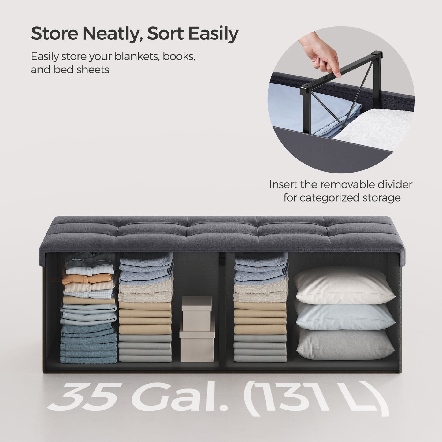 MAZIE Collection - 43" Foldable Storage Ottoman Bench, 660lb Capacity, Iron Frame, Multi-Use Footrest & Seat, 35 Gal Storage, Dark Gray