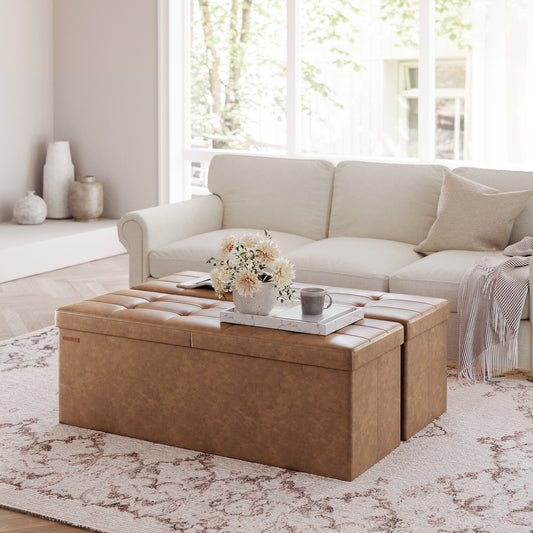 MAZIE Collection - 43" Foldable Storage Ottoman Bench with Removable Divider, 660lb Capacity, Multi-Functional Footrest, Seat, Coffee Table, 35 Gal Storage, Coffee Brown