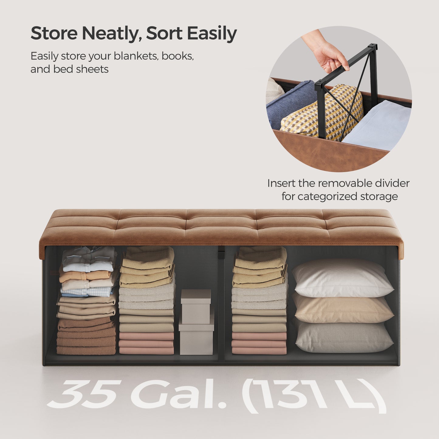 MAZIE Collection - 43" Foldable Storage Ottoman Bench with Removable Divider, 660lb Capacity, Multi-Functional Footrest, Seat, Coffee Table, 35 Gal Storage, Coffee Brown
