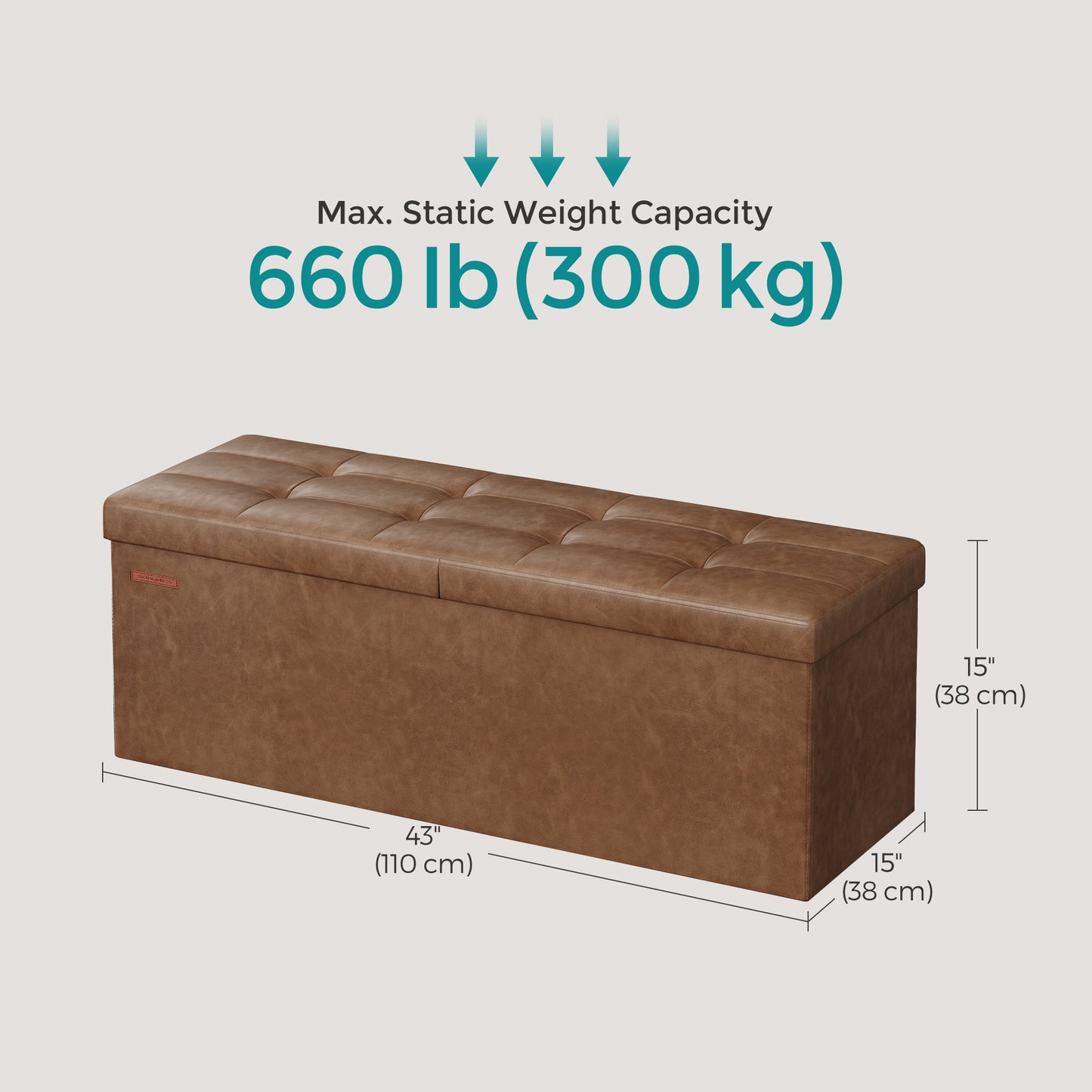 MAZIE Collection - 43" Foldable Storage Ottoman Bench with Removable Divider, 660lb Capacity, Multi-Functional Footrest, Seat, Coffee Table, 35 Gal Storage, Coffee Brown