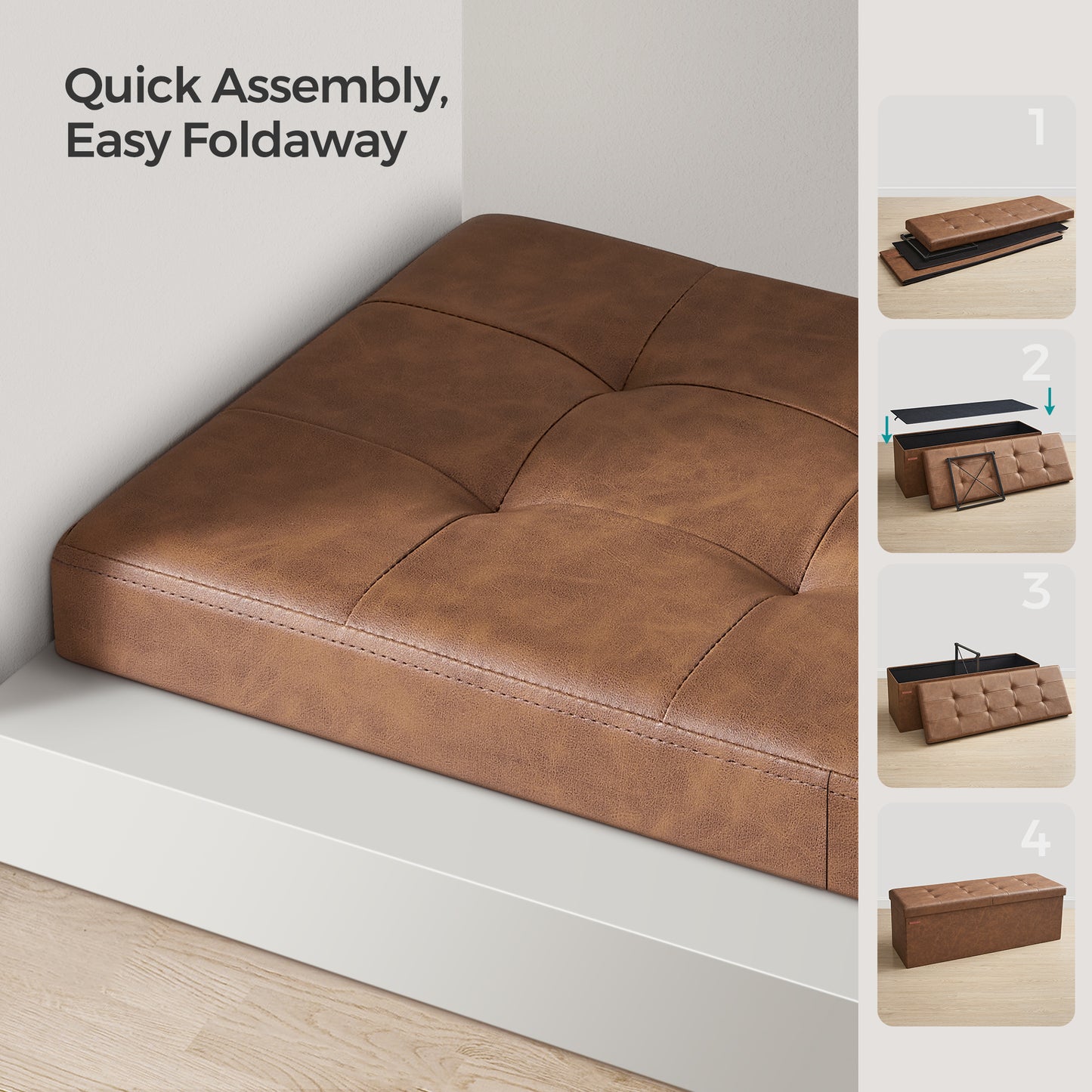 MAZIE Collection - 43" Foldable Storage Ottoman Bench with Removable Divider, 660lb Capacity, Multi-Functional Footrest, Seat, Coffee Table, 35 Gal Storage, Coffee Brown