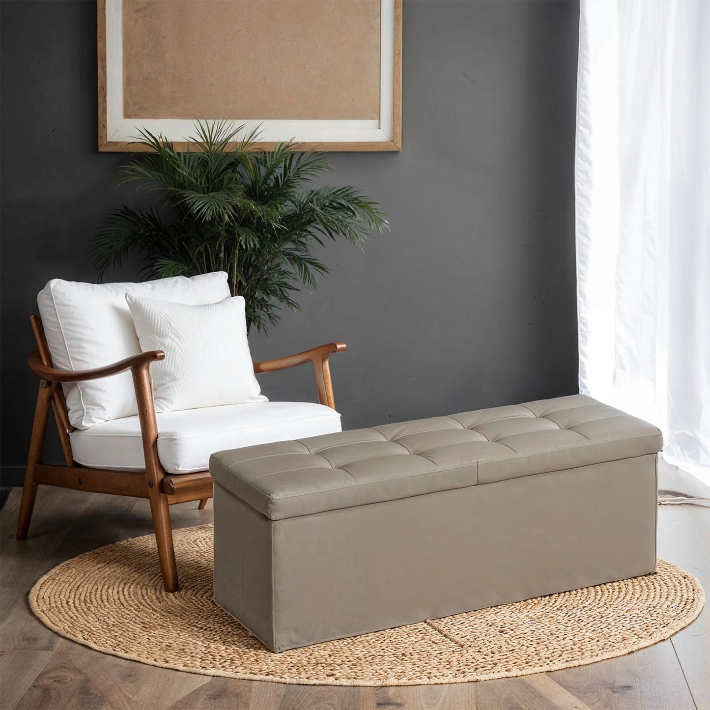 43" Foldable Storage Ottoman Bench with Removable Divider, 660 lb Capacity, for Living Room，Bedroom, Synthetic Leather, Camel Brown