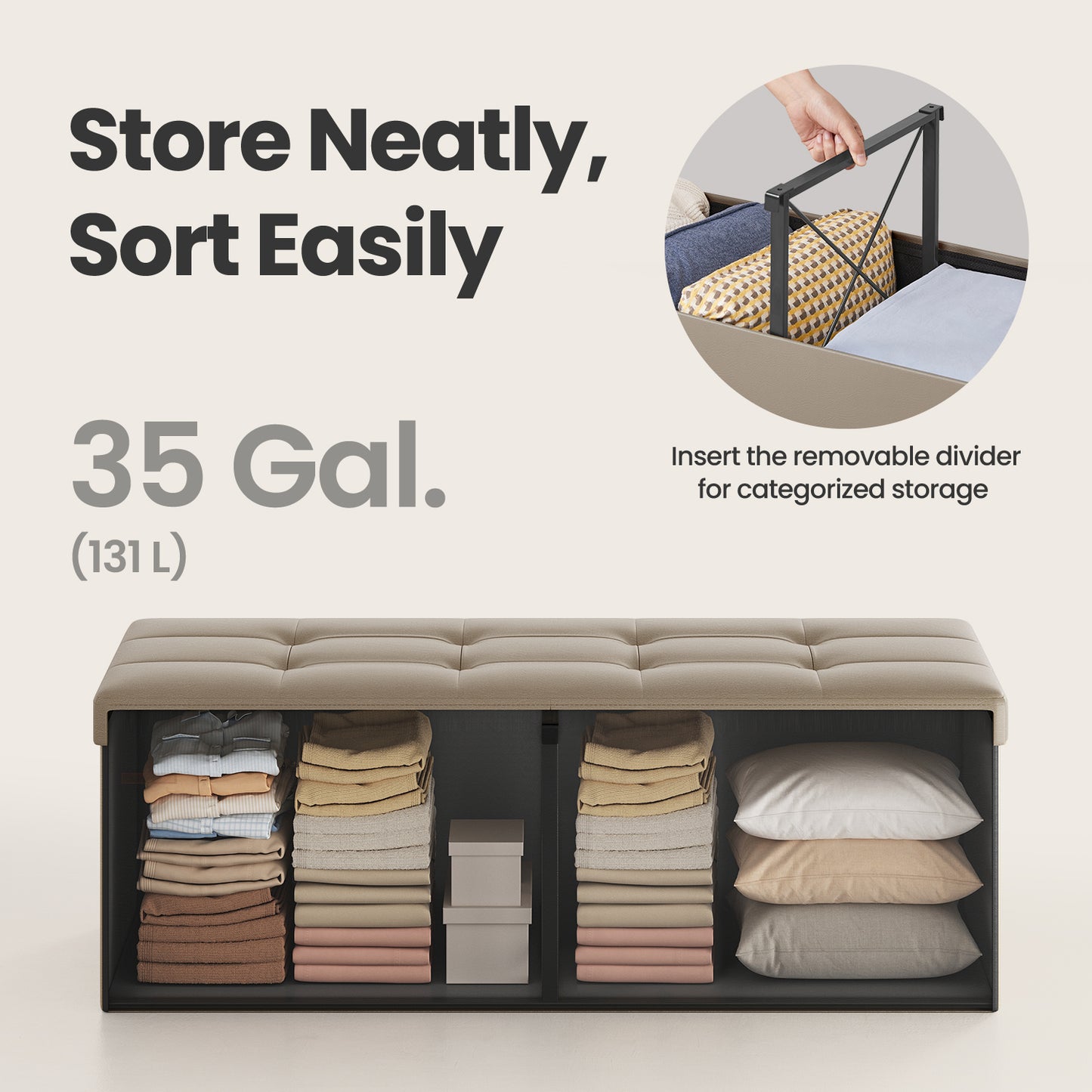 43" Foldable Storage Ottoman Bench with Removable Divider, 660 lb Capacity, for Living Room，Bedroom, Synthetic Leather, Camel Brown