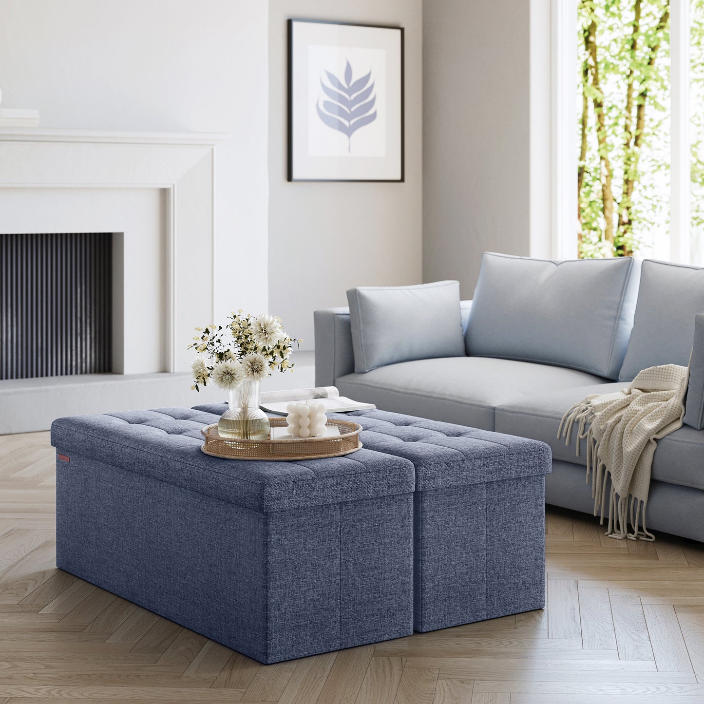 43" Foldable Storage Ottoman Bench, 660lb Capacity, 35 Gal Storage, Multi-Functional Footrest, Seat, Linen-Look Fabric, Misty Blue