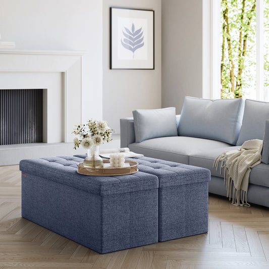 43" Foldable Storage Ottoman Bench, 660lb Capacity, 35 Gal Storage, Multi-Functional Footrest, Seat, Linen-Look Fabric, Misty Blue