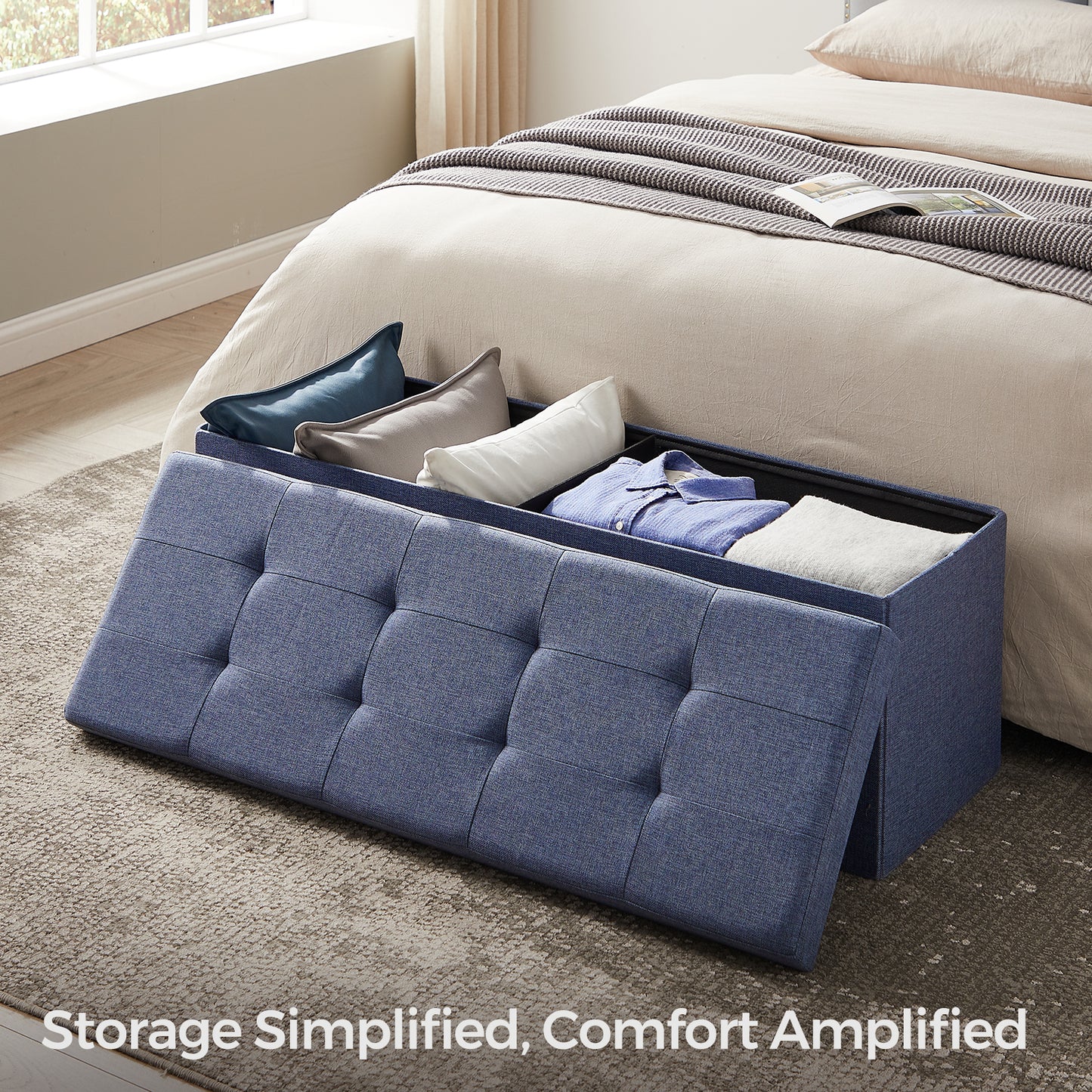 43" Foldable Storage Ottoman Bench, 660lb Capacity, 35 Gal Storage, Multi-Functional Footrest, Seat, Linen-Look Fabric, Misty Blue