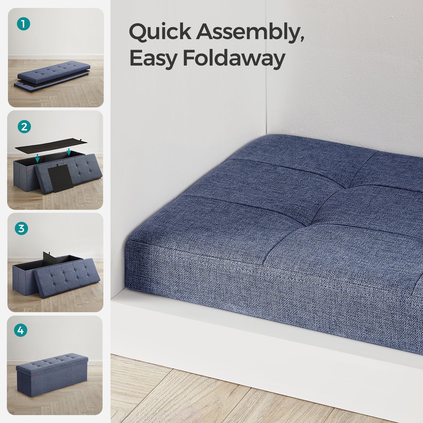 43" Foldable Storage Ottoman Bench, 660lb Capacity, 35 Gal Storage, Multi-Functional Footrest, Seat, Linen-Look Fabric, Misty Blue