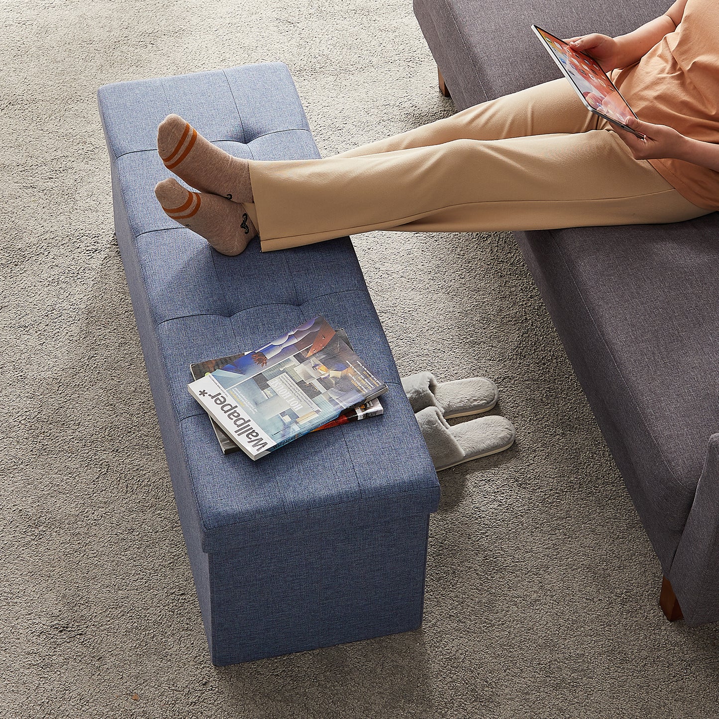 43" Foldable Storage Ottoman Bench, 660lb Capacity, 35 Gal Storage, Multi-Functional Footrest, Seat, Linen-Look Fabric, Misty Blue