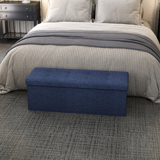 43" Foldable Storage Ottoman Bench, 660lb Capacity, Tufted Linen-Look, Multi-Functional Footrest, Seat, Coffee Table, for Living Room, Bedroom, Midnight Blue