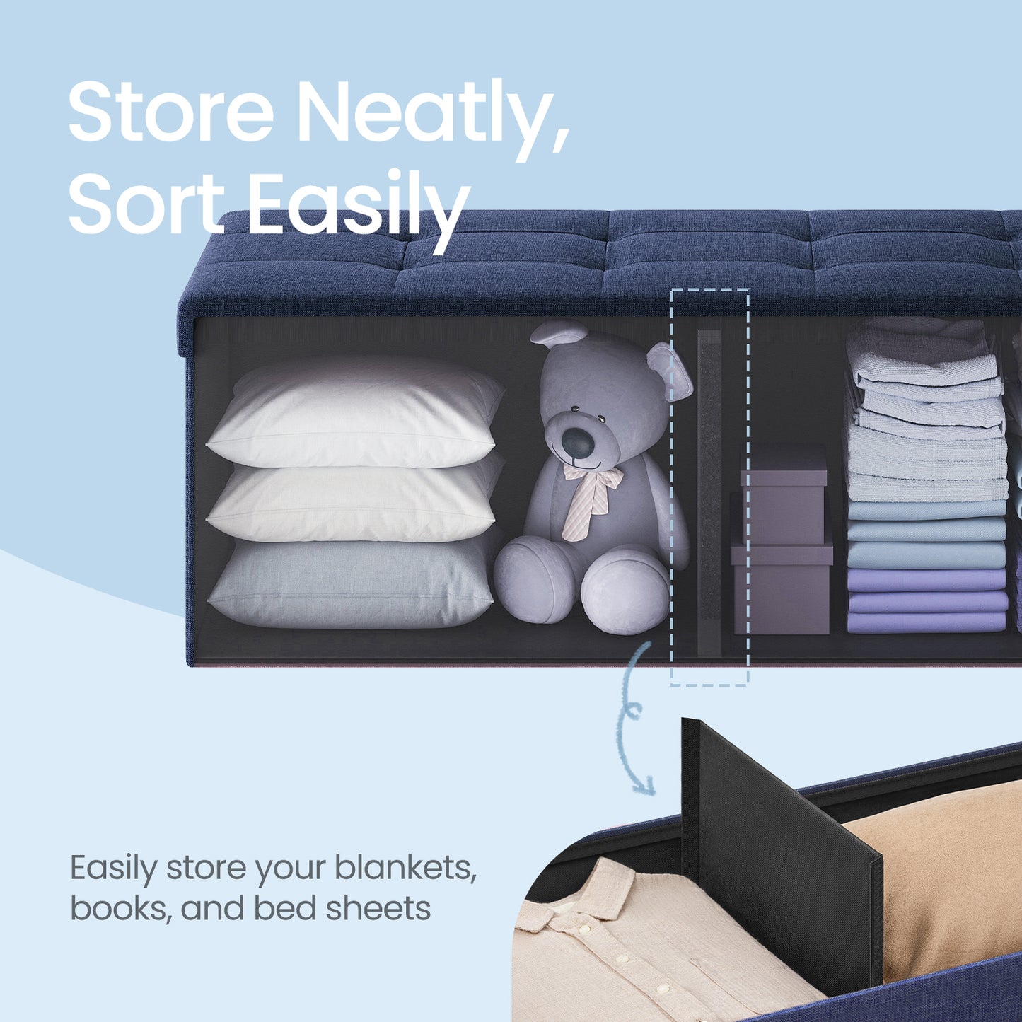 43" Foldable Storage Ottoman Bench, 660lb Capacity, Tufted Linen-Look, Multi-Functional Footrest, Seat, Coffee Table, for Living Room, Bedroom, Midnight Blue
