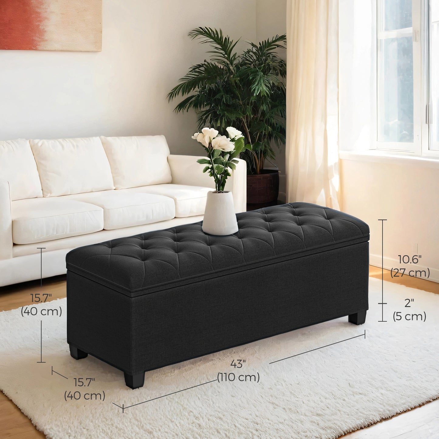 Modern Storage Ottoman Bench with Removable Cover, 43" Extra Wide, 660lb Capacity, Multi-Functional Footrest, Seat, Ink Black