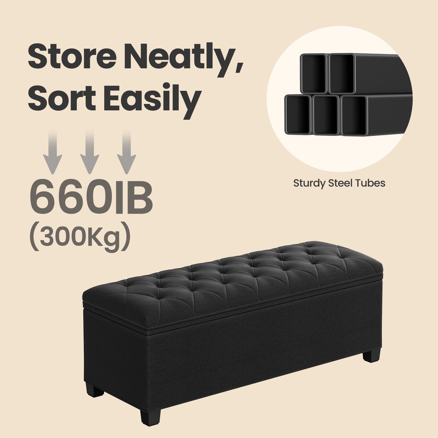 Modern Storage Ottoman Bench with Removable Cover, 43" Extra Wide, 660lb Capacity, Multi-Functional Footrest, Seat, Ink Black