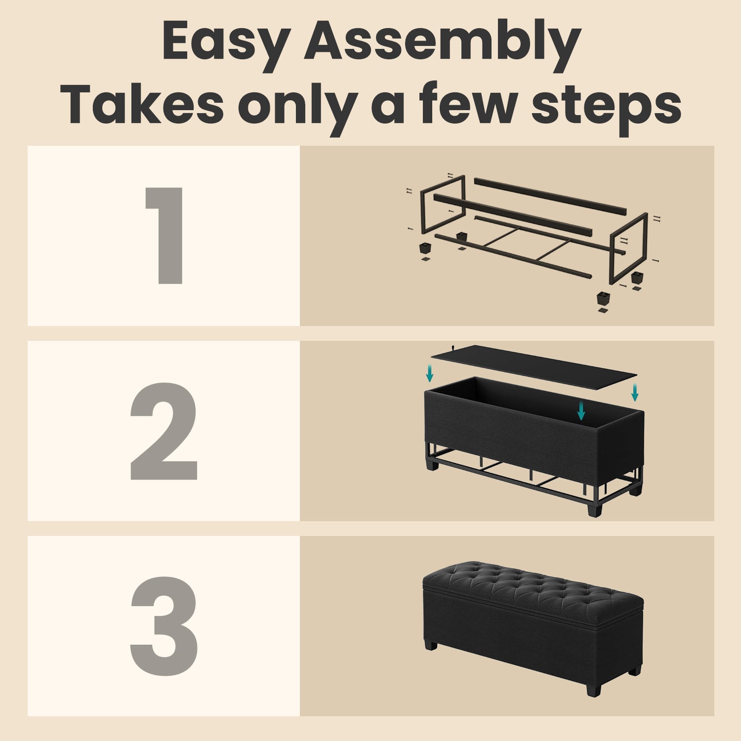 Modern Storage Ottoman Bench with Removable Cover, 43" Extra Wide, 660lb Capacity, Multi-Functional Footrest, Seat, Ink Black