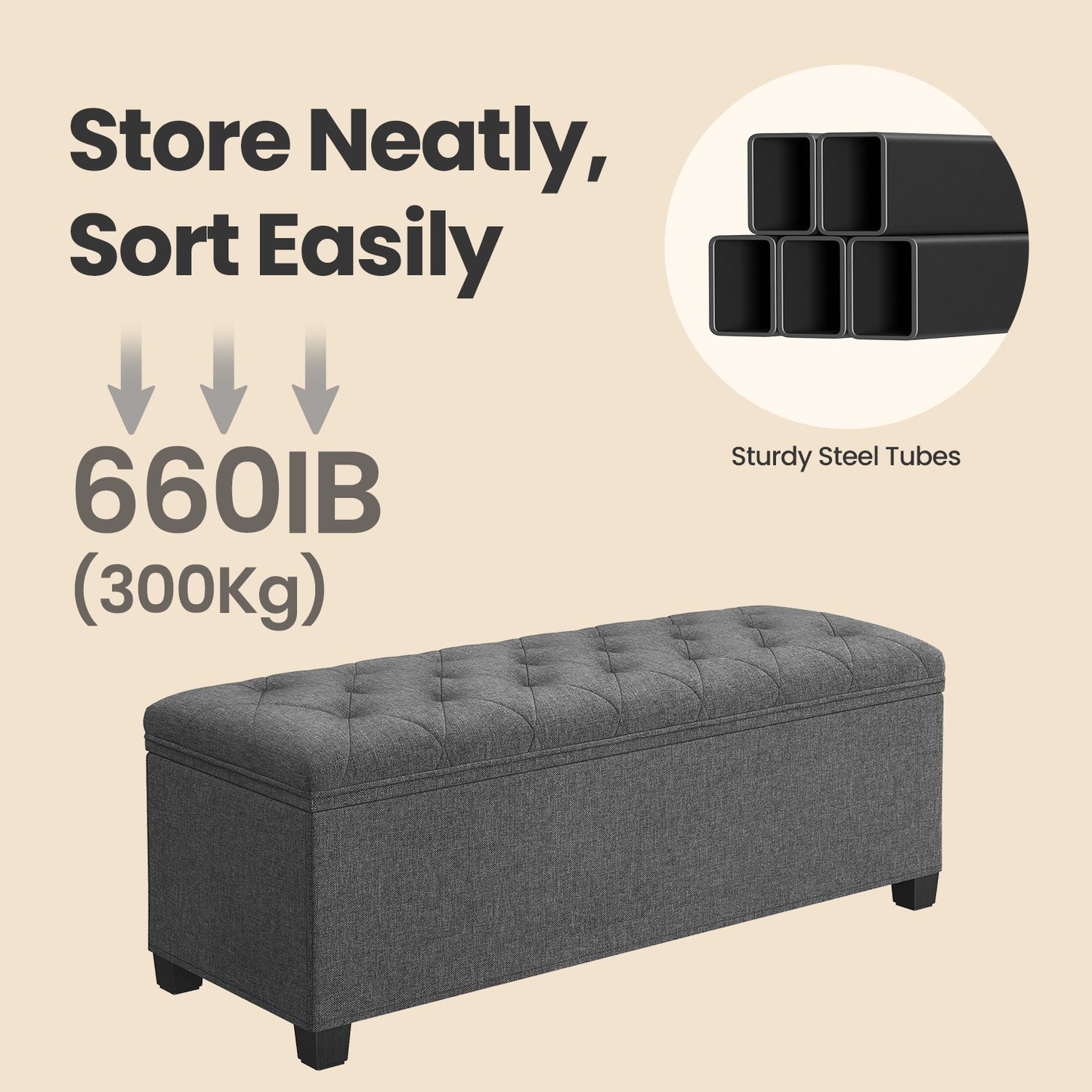 Multi-Functional Storage Ottoman Bench with Removable Cover, 43" Extra Wide, 660lb Capacity, for Living Room, Bedroom, Entryway, Dark Gray
