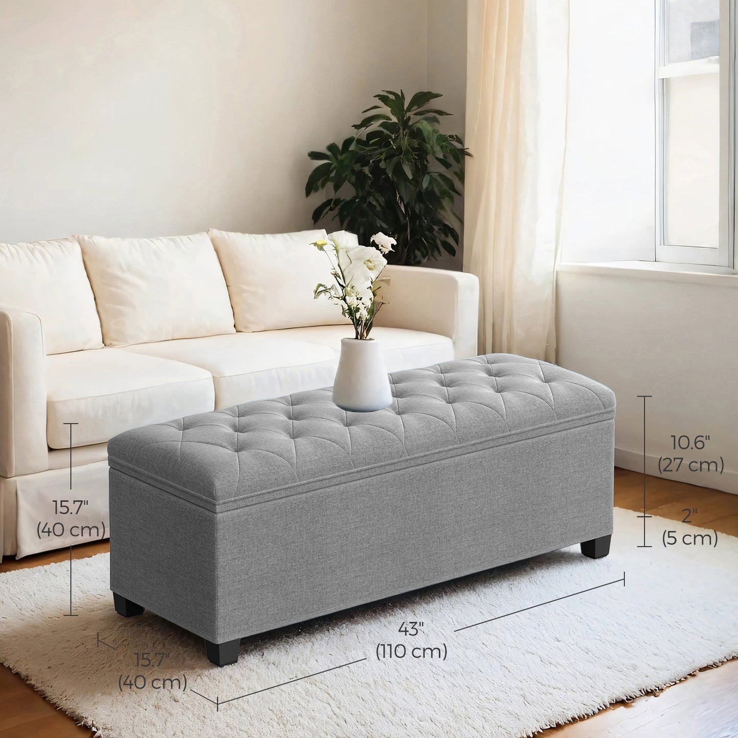 Multi-Functional Storage Ottoman Bench with Removable Cover, 43" Extra Wide, 660lb Capacity, for Living Room, Bedroom, Entryway, Light Gray