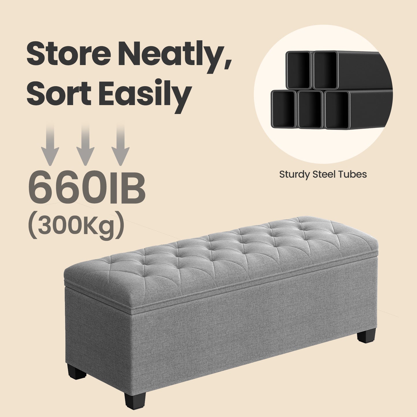 Multi-Functional Storage Ottoman Bench with Removable Cover, 43" Extra Wide, 660lb Capacity, for Living Room, Bedroom, Entryway, Light Gray