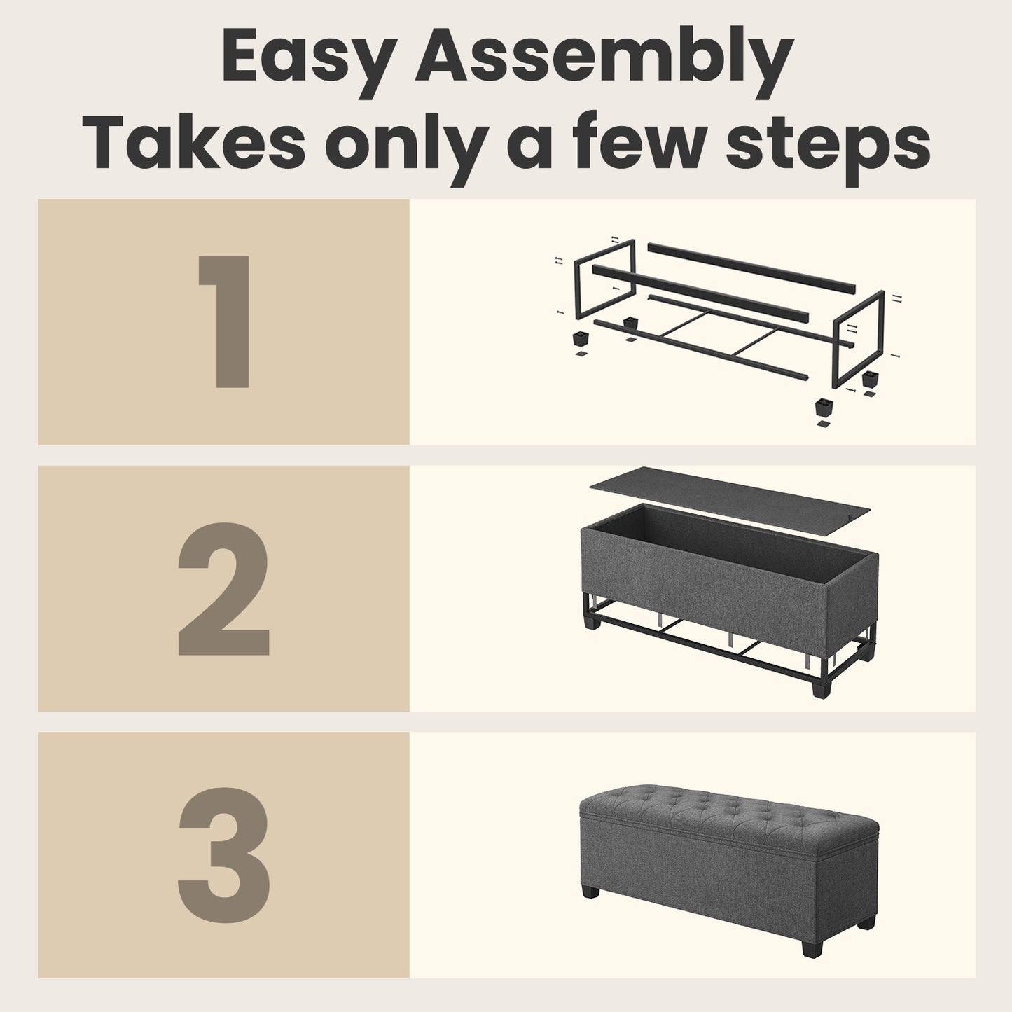 Multi-Functional Storage Ottoman Bench with Removable Cover, 43" Extra Wide, 660lb Capacity, for Living Room, Bedroom, Entryway, Light Gray