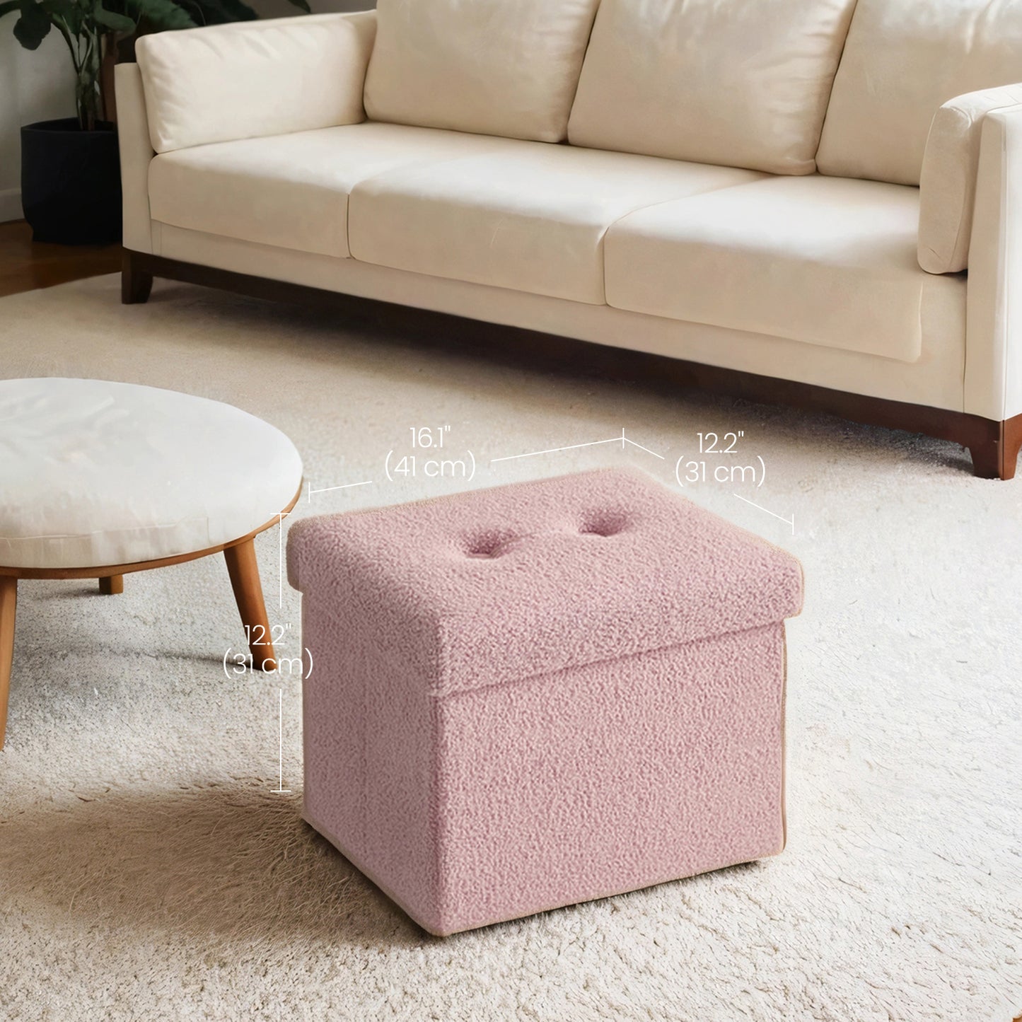 Folding Storage Ottoman Footstool with Lid, Teddy Fleece Upholstered Seat, Collapsible Ottoman Box for Living Room Bedroom Dorm, Small Size, Jelly Pink