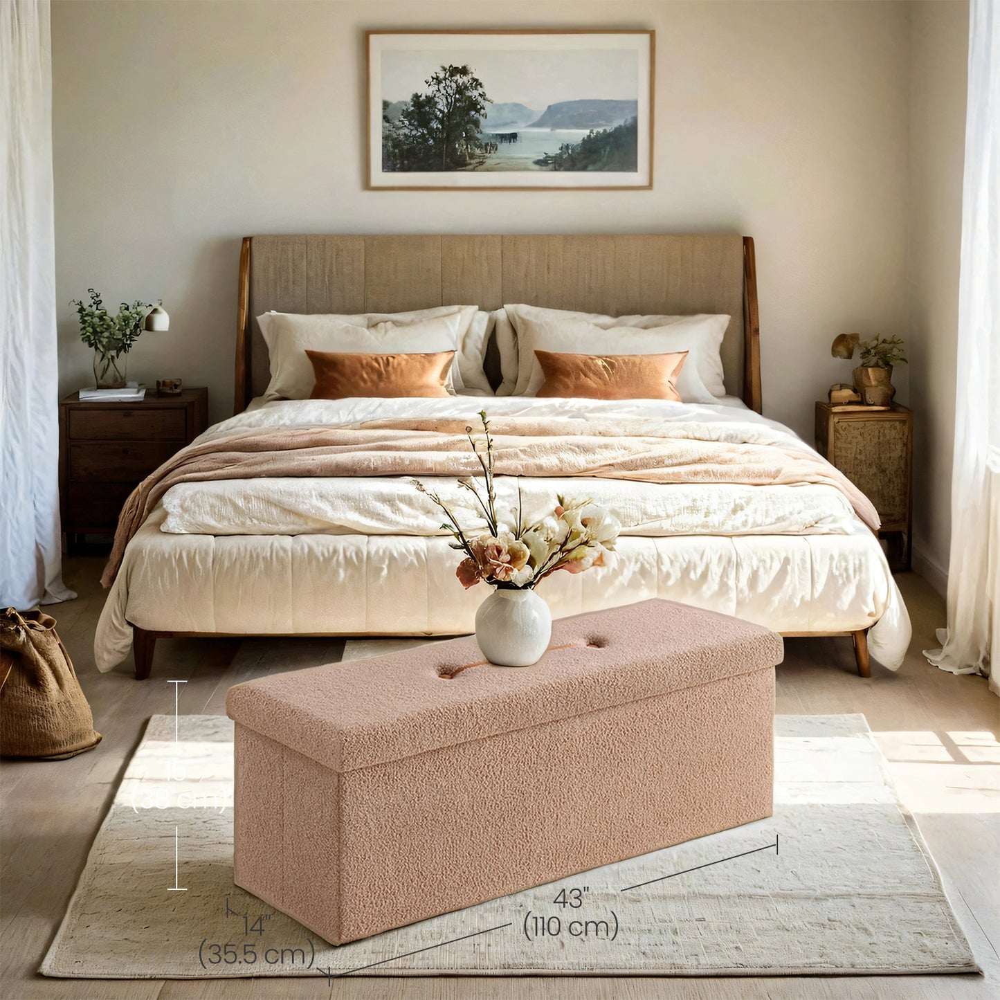 Storage Ottoman Bench - 660lb Capacity, 35-Gallon Storage, Foldable, Multi-Functional Footrest/Seat, Camel Brown