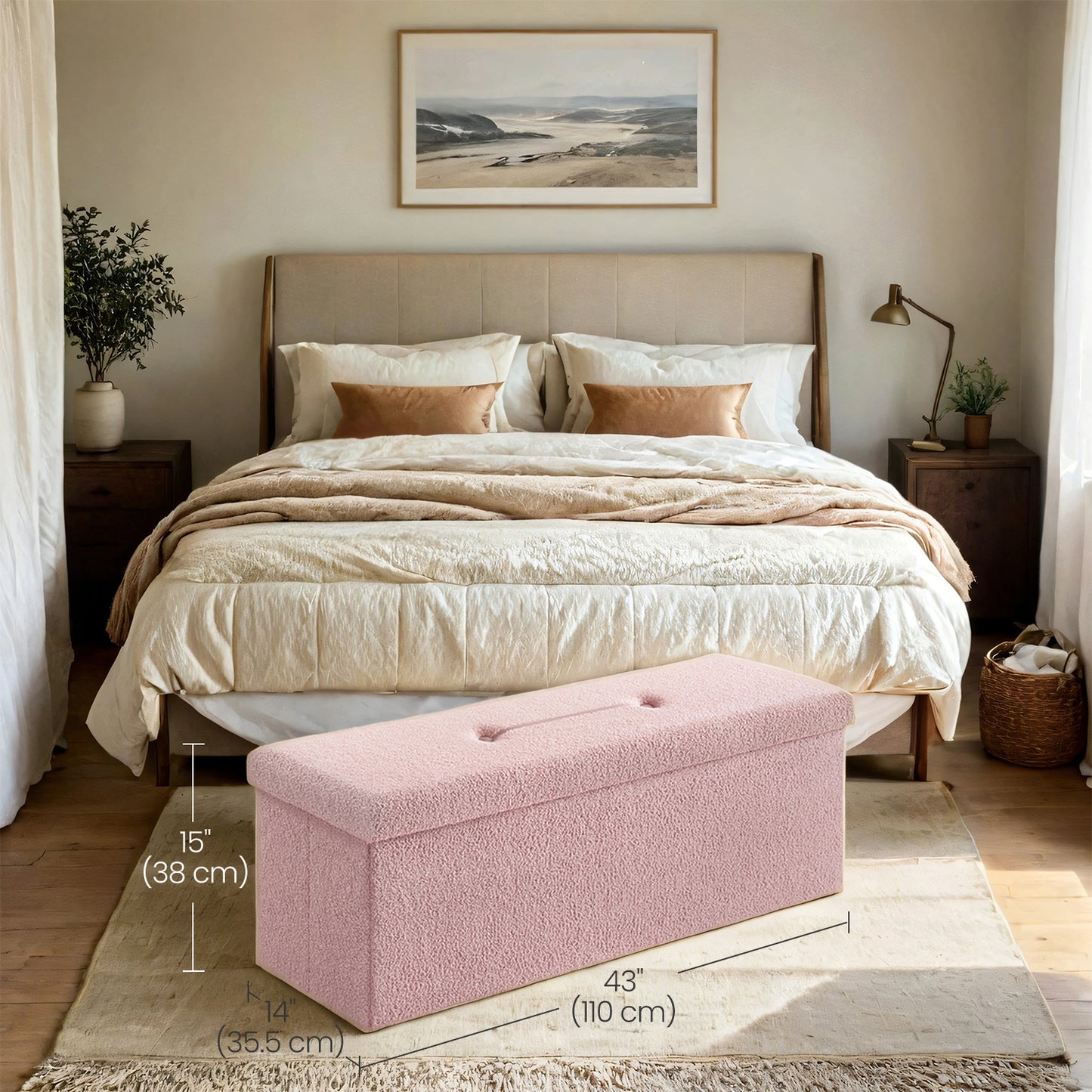 Storage Ottoman Bench - 660lb Capacity, 35-Gallon Storage, Foldable, Multi-Functional Footrest/Seat, Jelly Pink