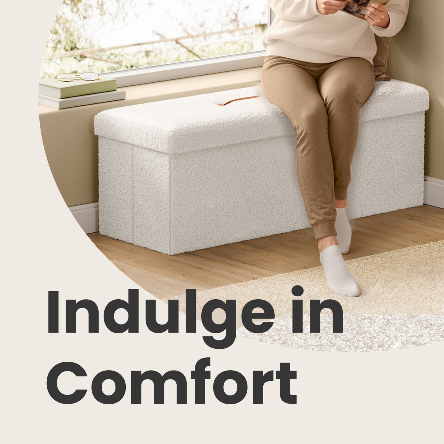 Storage Ottoman Bench - 660lb Capacity, 35-Gallon Storage, Foldable Design, Multi-Functional Footrest/Seat, Cream White