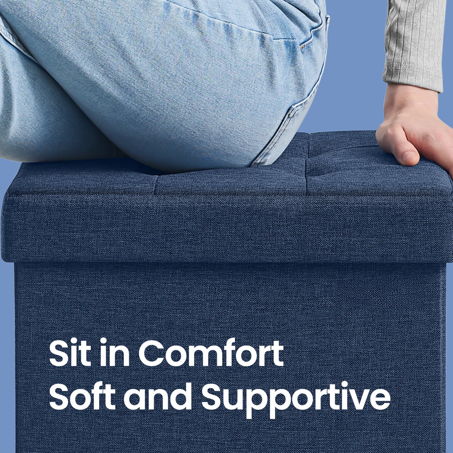 Foldable Storage Ottoman, 8 Gallon Capacity, 286 lb Weight Limit, Tufted Linen-Look, for Living Room, Bedroom, Light Denim Blue