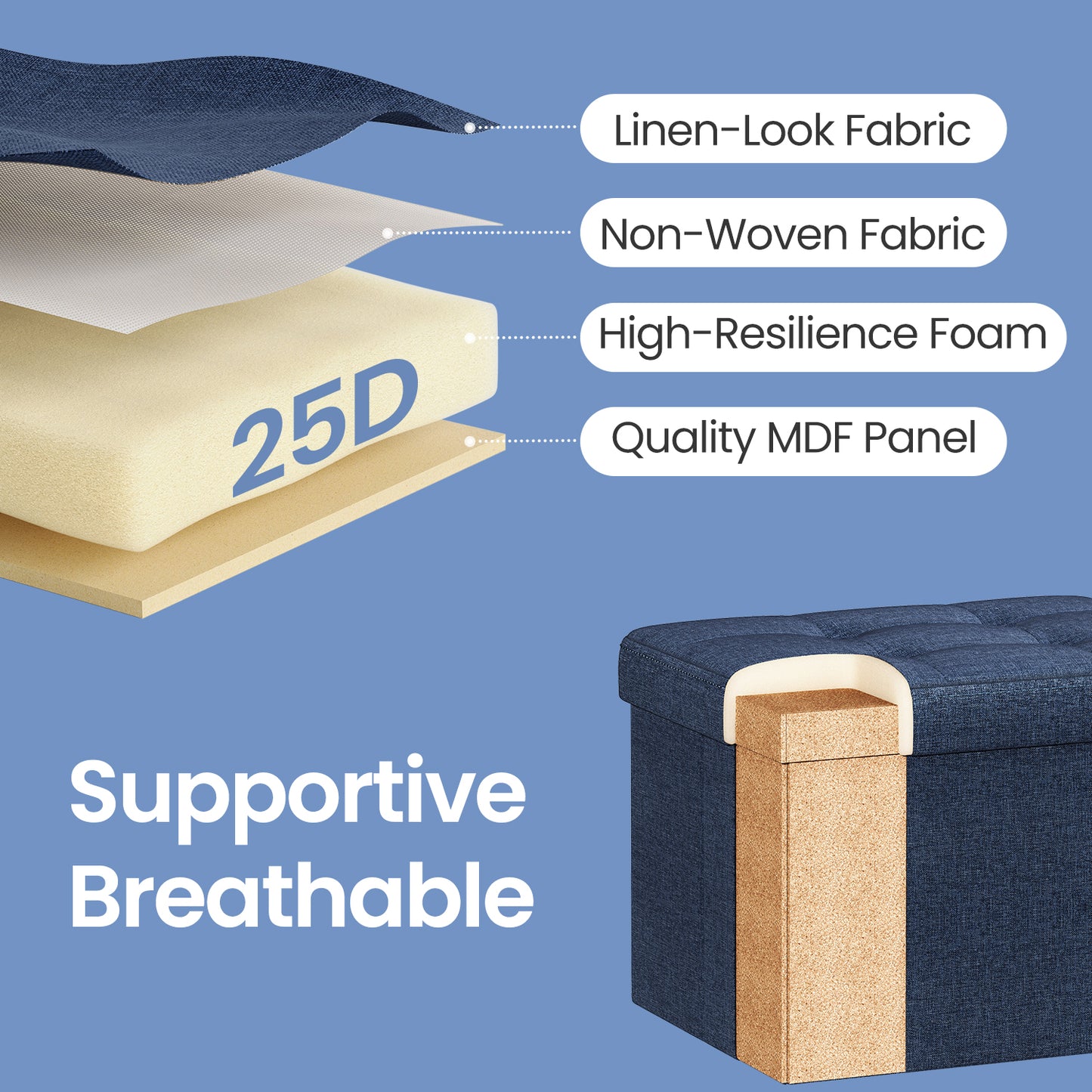Foldable Storage Ottoman, 8 Gallon Capacity, 286 lb Weight Limit, Tufted Linen-Look, for Living Room, Bedroom, Light Denim Blue