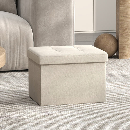 Foldable Storage Ottoman, 8 Gallon Storage, 286lb Capacity, Tufted Linen Design, Multi-Functional for Living Room, Bedroom, Cream White