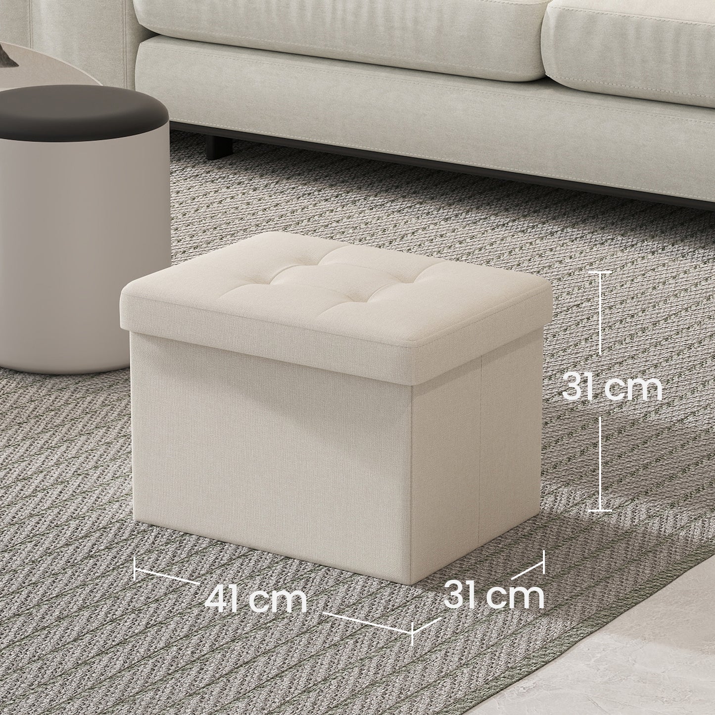 Foldable Storage Ottoman, 8 Gallon Storage, 286lb Capacity, Tufted Linen Design, Multi-Functional for Living Room, Bedroom, Cream White