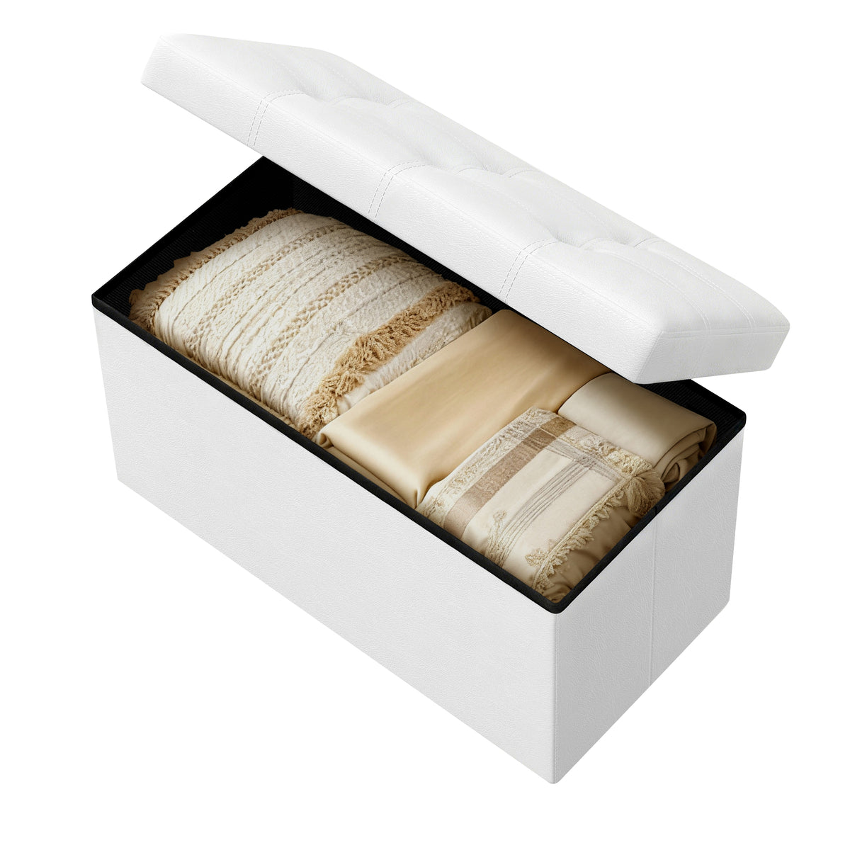 LEDREM Folding Storage Ottoman Bench with Footrest and Hidden Storage, PVC Leather,MDF,Sponge,Non-Woven Fabric, White and Black
