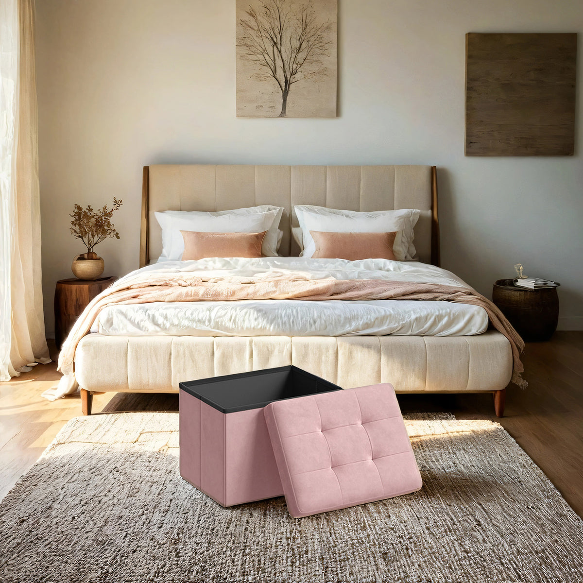 LEDREM Small Folding Storage Ottoman, Cube Foot Rest Stool, for Living Room, Dorm, Pink and Black