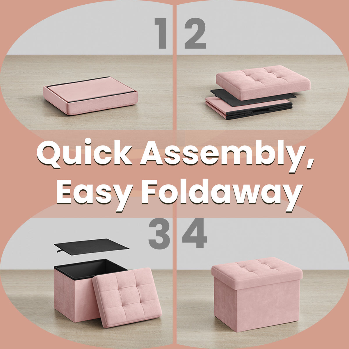 LEDREM Small Folding Storage Ottoman, Cube Foot Rest Stool, for Living Room, Dorm, Pink and Black