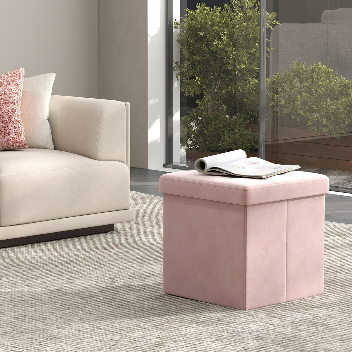 LEDREM Ottoman Storage Box, Foldable Velvet Square Footstool Pouffe, 38 x 38 x 38 cm, Pink