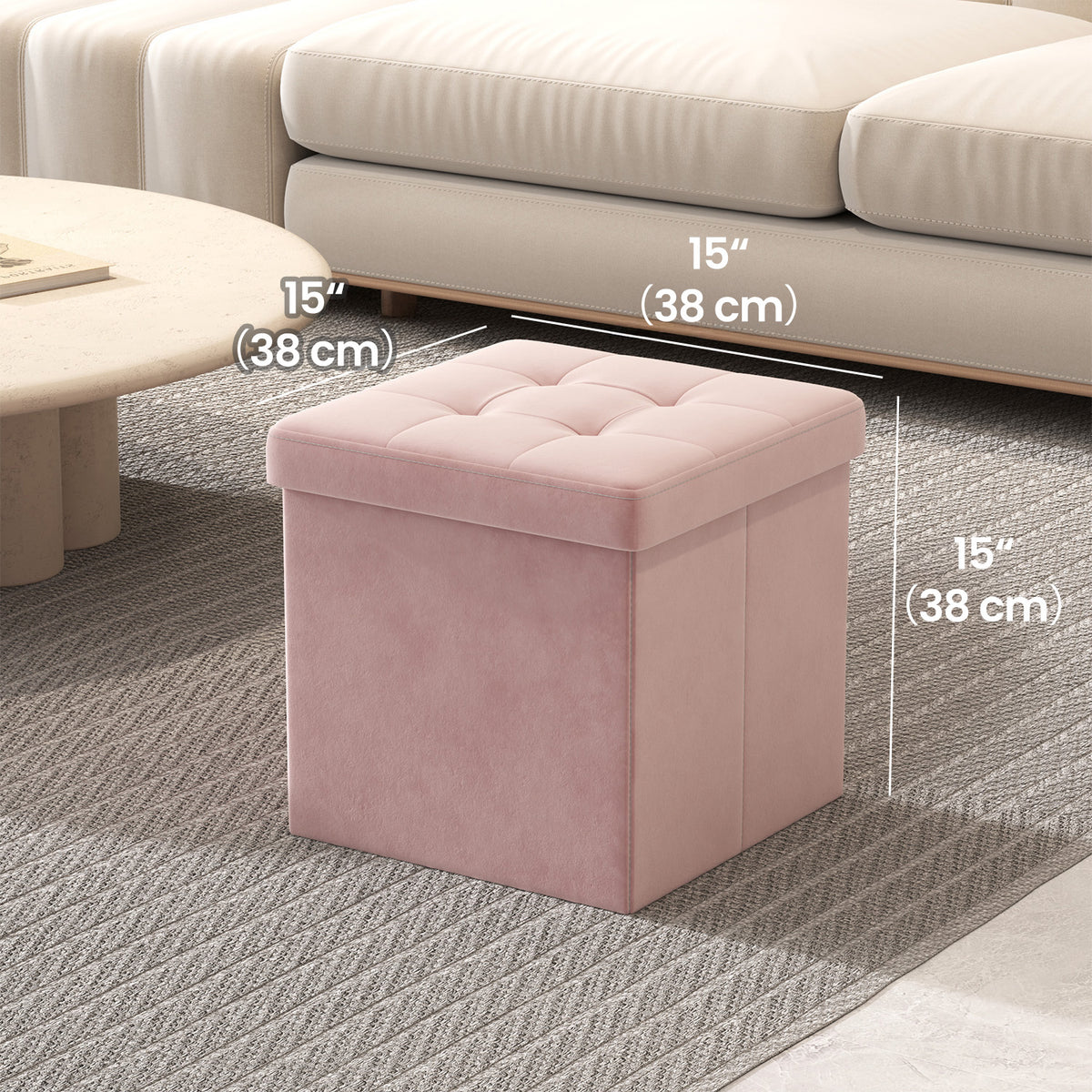 LEDREM Ottoman Storage Box, Foldable Velvet Square Footstool Pouffe, 38 x 38 x 38 cm, Pink