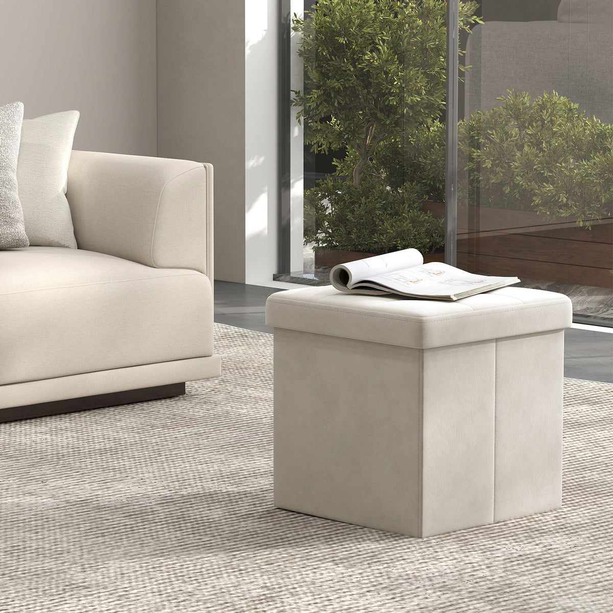 LEDREM Folding Storage Ottoman Cube, Velvet Footstool with Cushion, 15 x 15 x 15 Inches, White