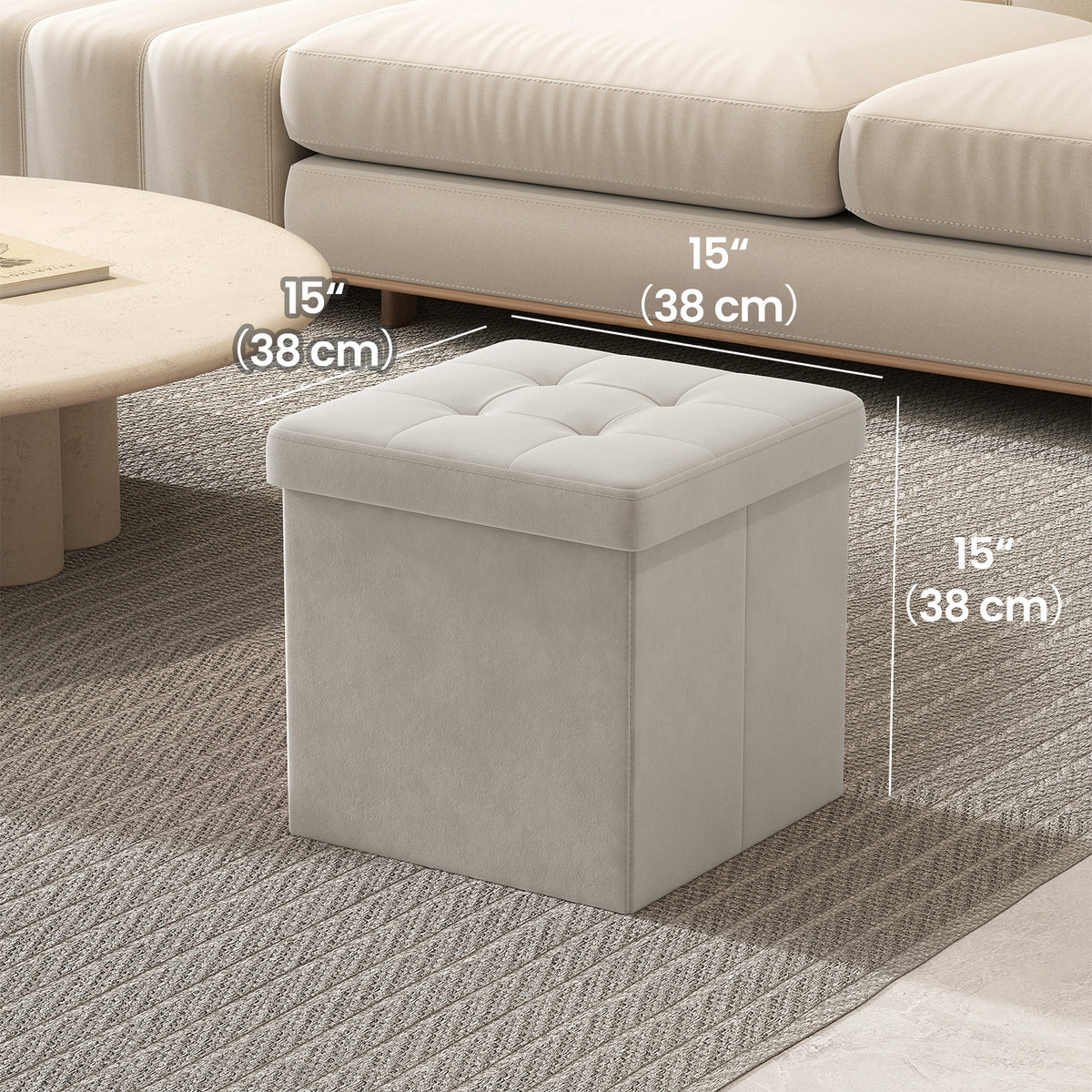 LEDREM Folding Storage Ottoman Cube, Velvet Footstool with Cushion, 15 x 15 x 15 Inches, White